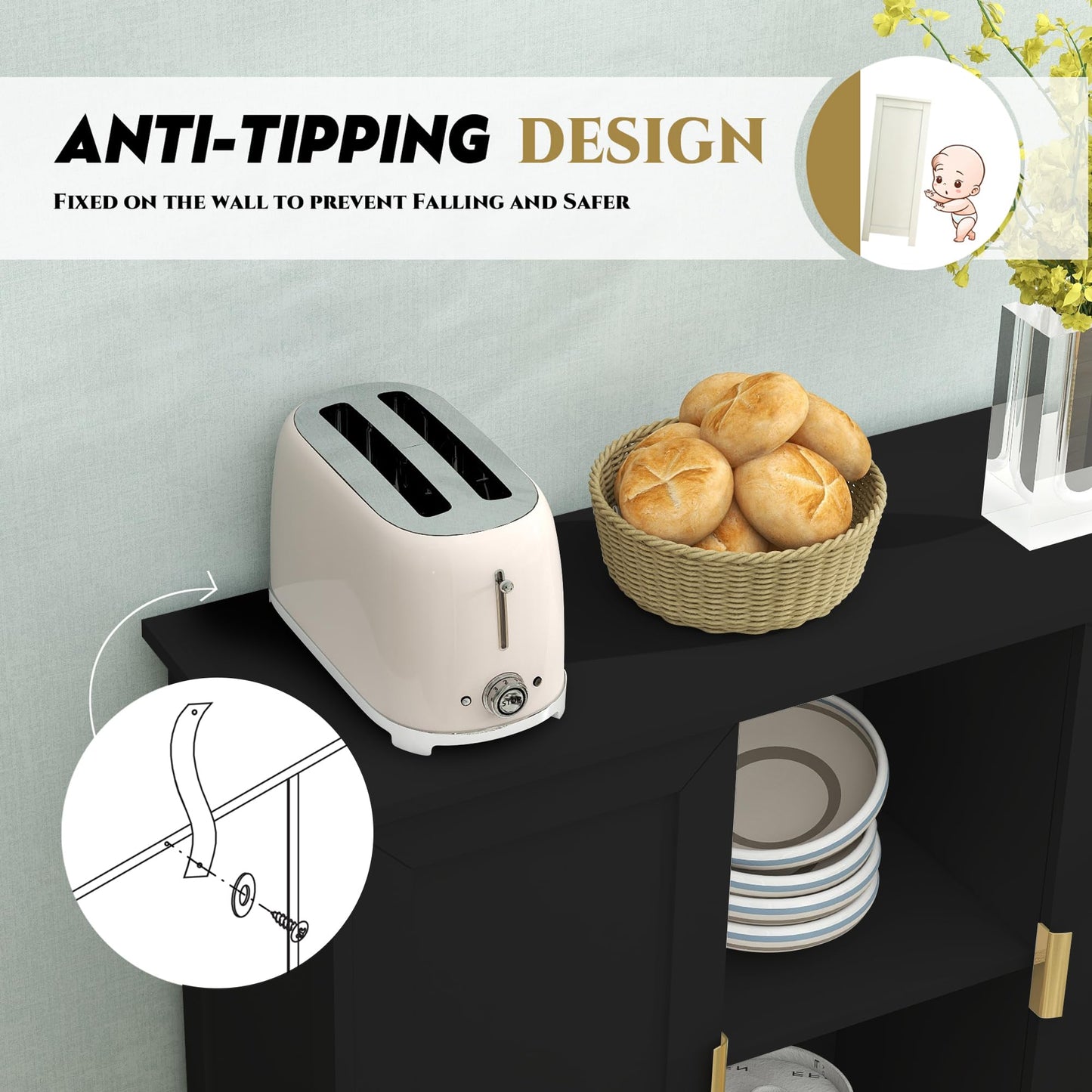 White Buffet Cabinet with Storage, Modern Wooden Narrow Sideboard Credenza with Doors for Entryway or Living Room