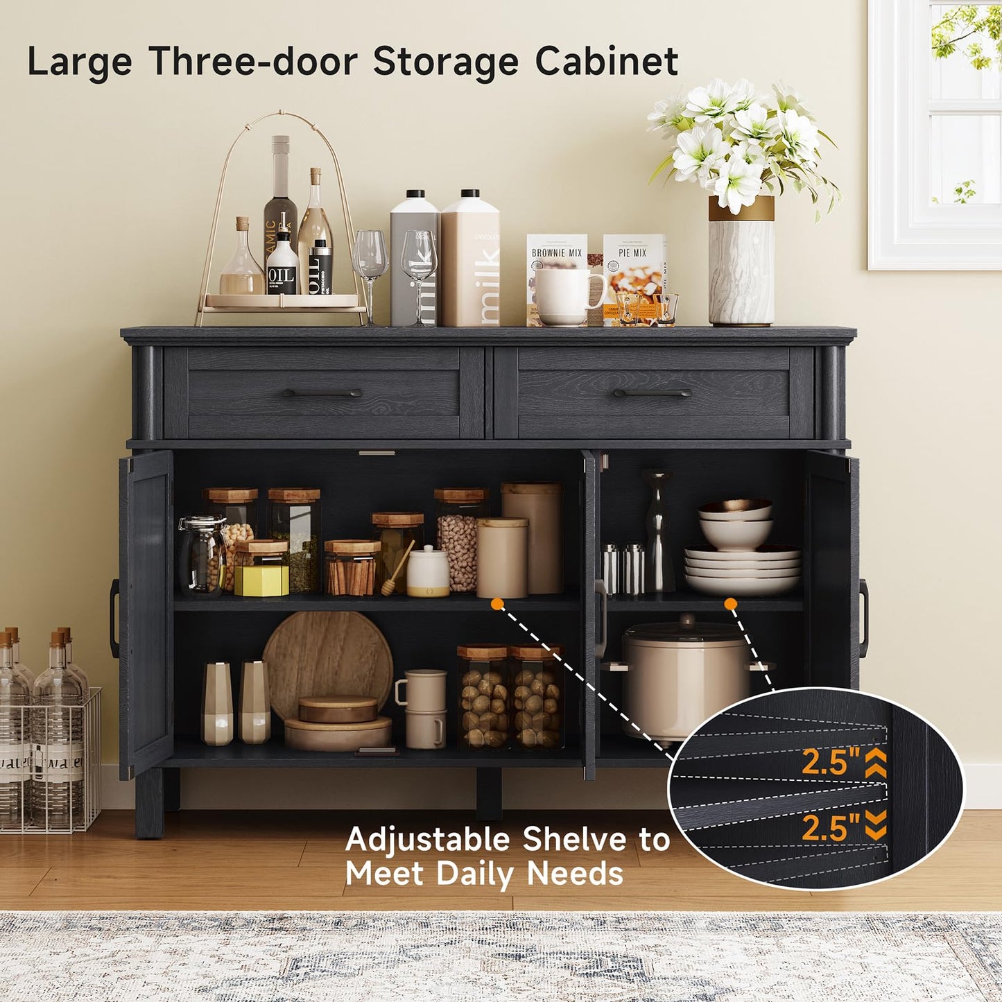 48" Farmhouse Buffet Sideboard Cabinet with 2 Drawers and 3 Doors, Wood Coffee Bar Cabinet with Adjustable Shelves for Kitchen or Living Room, Black