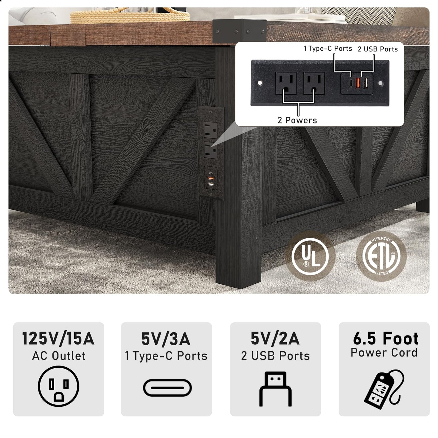 Farmhouse Lift Top Coffee Table with Storage and Charging Station – Black Wood Square Center Table with USB Ports, Hidden Compartment, and Large Storage Space for Living Room, Bedroom, or Home Office