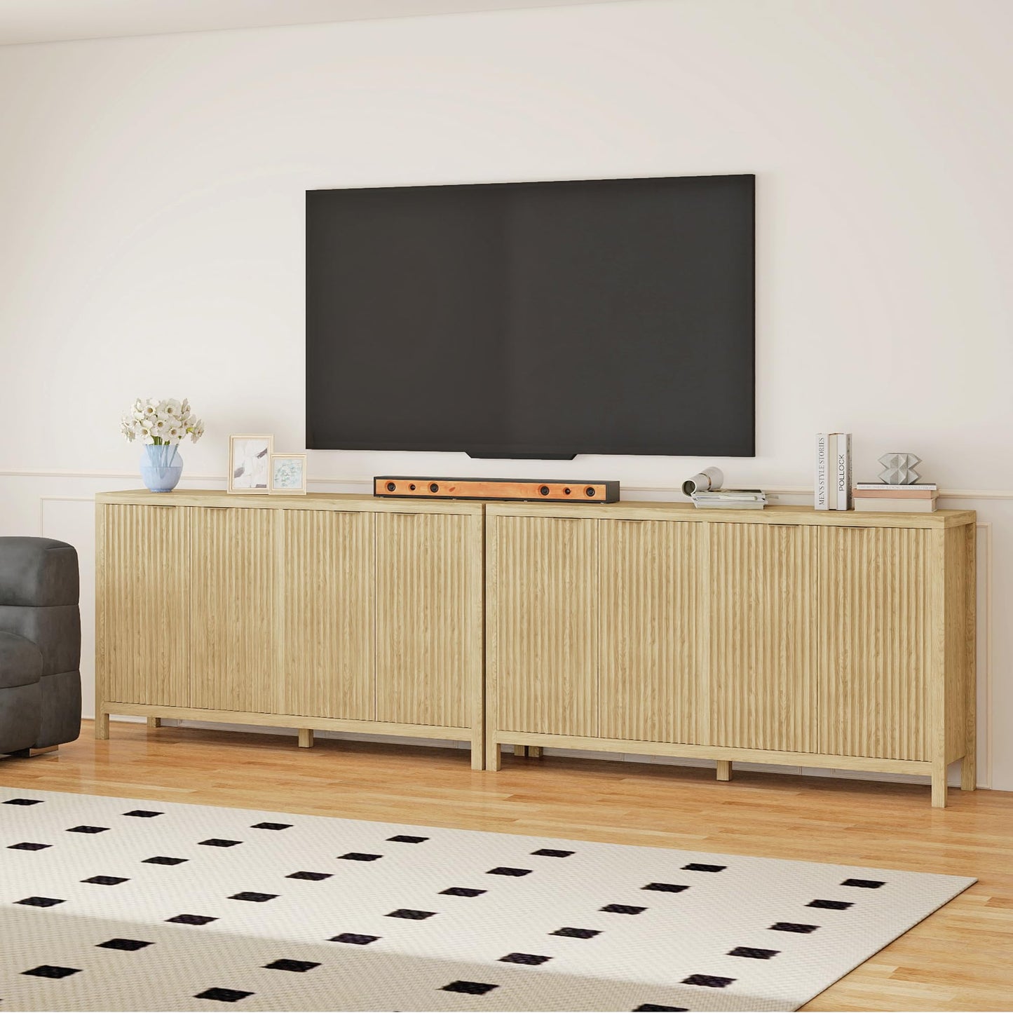 Real Relax Fluted Sideboard Buffet Cabinet with Storage, Modern 55" Credenza with 4 Doors, Adjustable Shelves, Large Coffee Bar Table for Dining Room, Kitchen, Living Room, Natural Oak