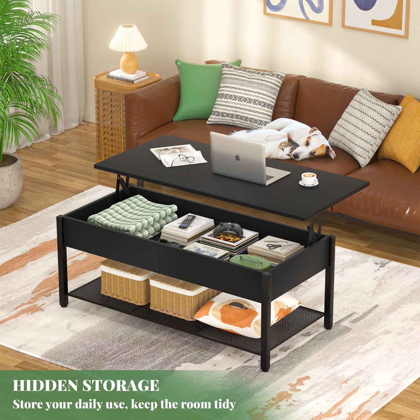 Lift Top Coffee Table with Storage Shelf and Hidden Compartment, Modern Wood and Metal Table for Living Room, Black