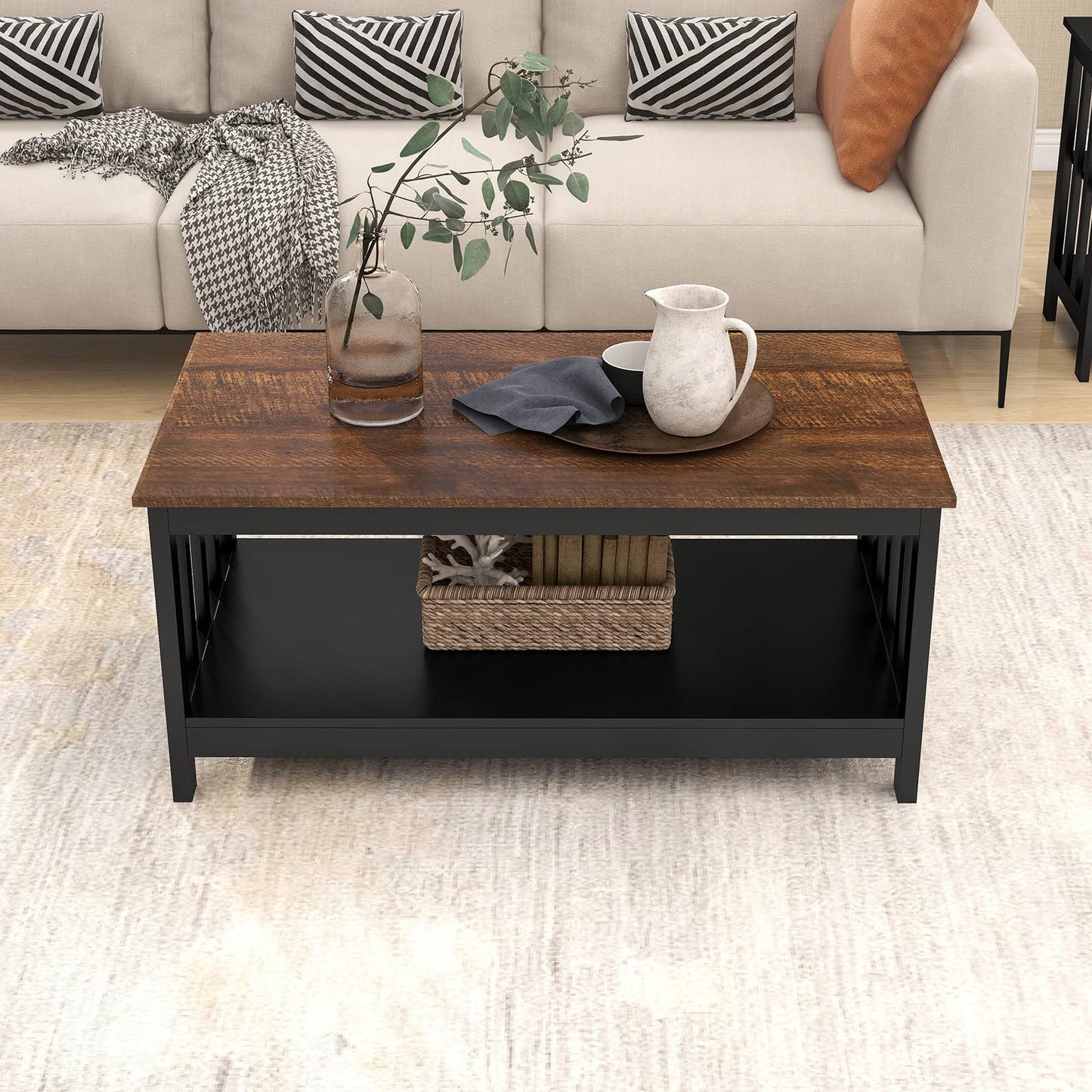 Black Farmhouse Coffee Table with Shelf, 40 Inch Living Room Table