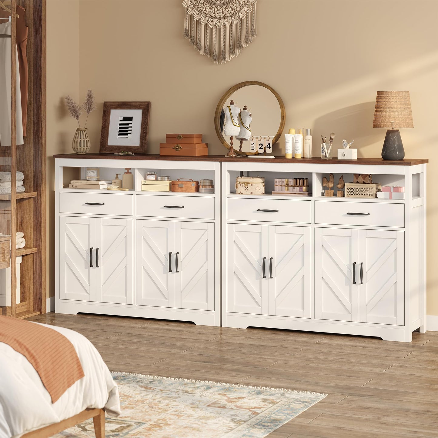**47" Farmhouse Buffet Sideboard with Storage, 4-Door Kitchen Cabinet with Shelves, Wood Coffee Bar Cabinet for Kitchen, Dining Room, or Entryway**