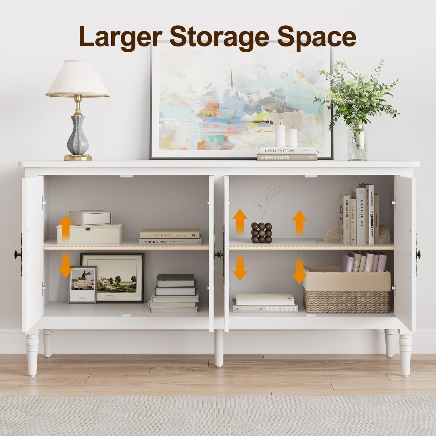 58" Mid-Century Modern Sideboard Buffet Cabinet with Storage and Solid Wood Legs, 4-Door Credenza for Entryway, Kitchen, or Living Room, Satin White