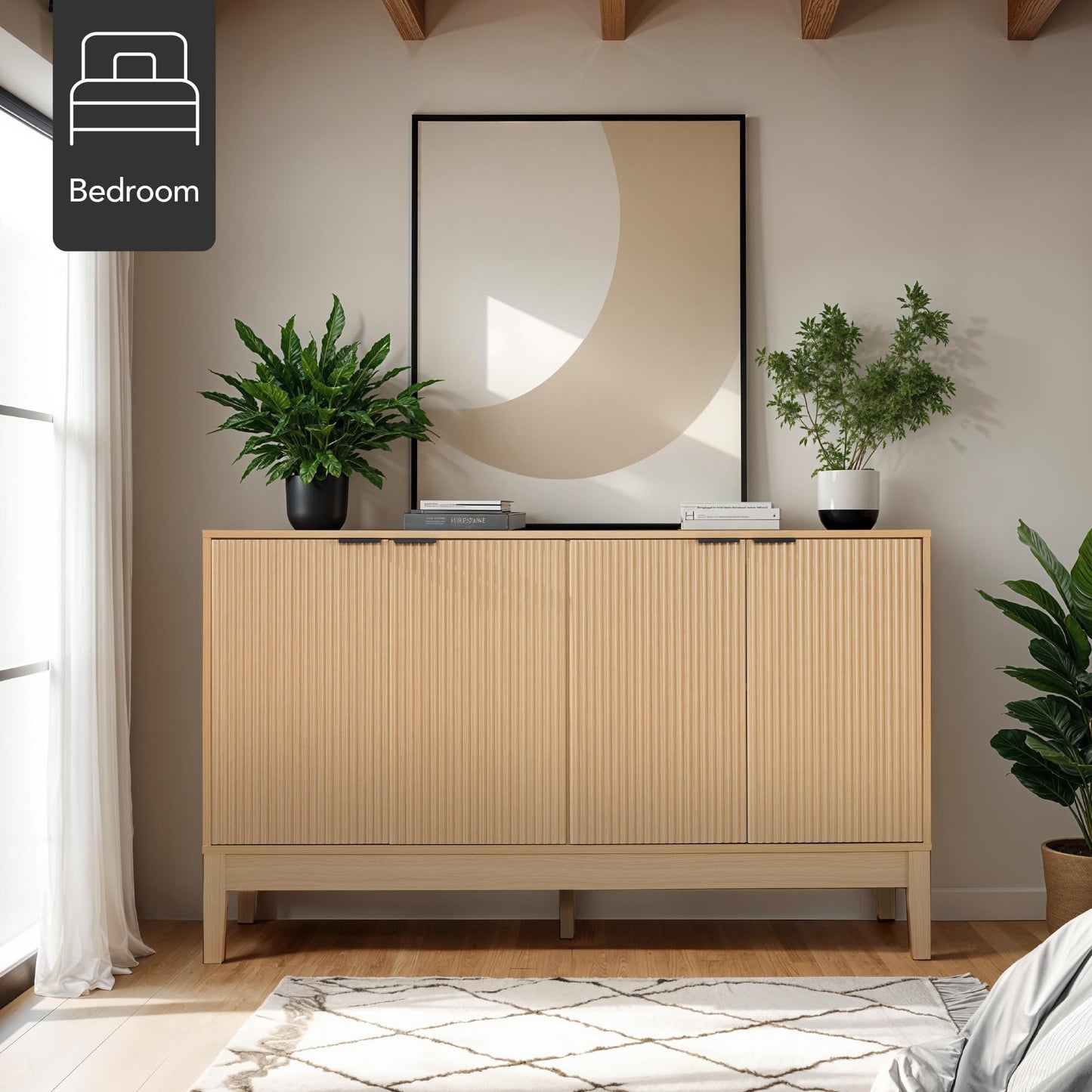 Modern 55" 4-Door Sideboard Storage Cabinet with Reed Panels and Adjustable Shelves, Buffet Media Cabinet for Entryway or Living Room, Natural