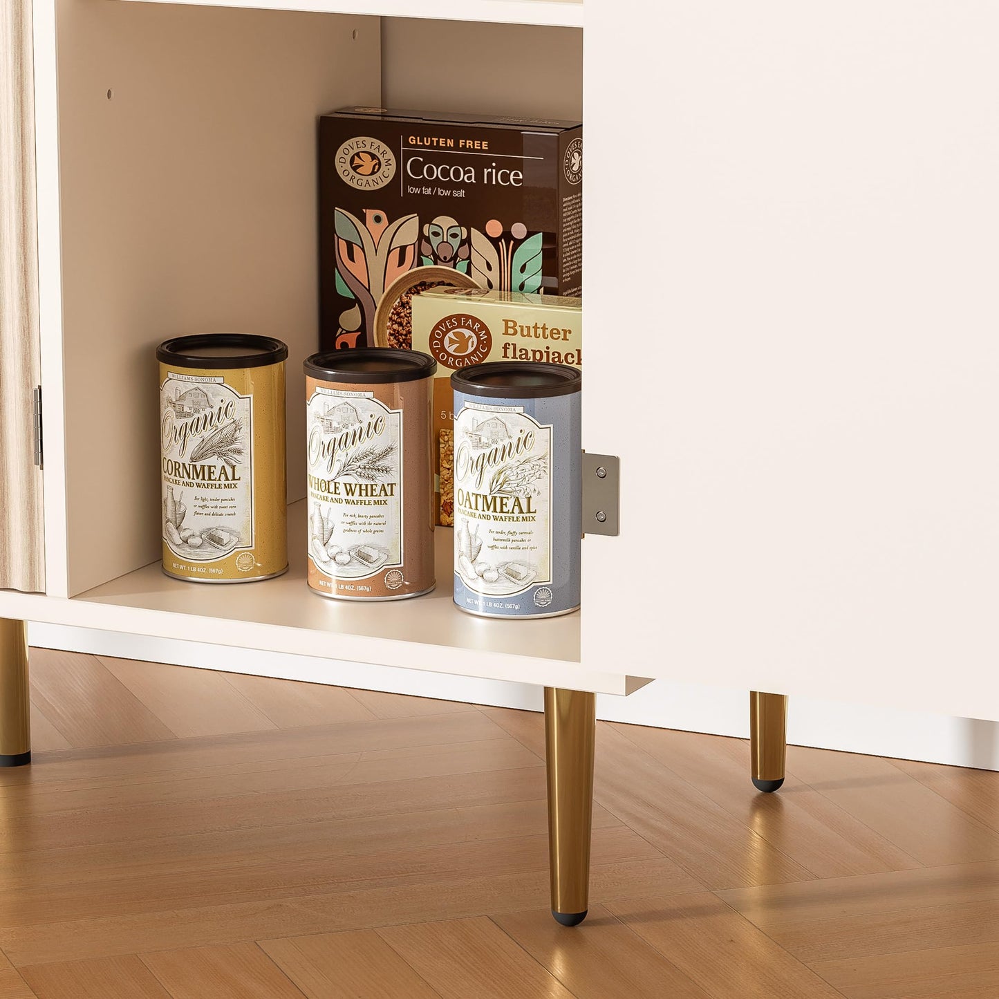 Fluted Sideboard Buffet with 3 Doors and Adjustable Shelves, Modern Kitchen Storage Cabinet with Gold Handles, Coffee Bar for Living Room or Kitchen, Oak