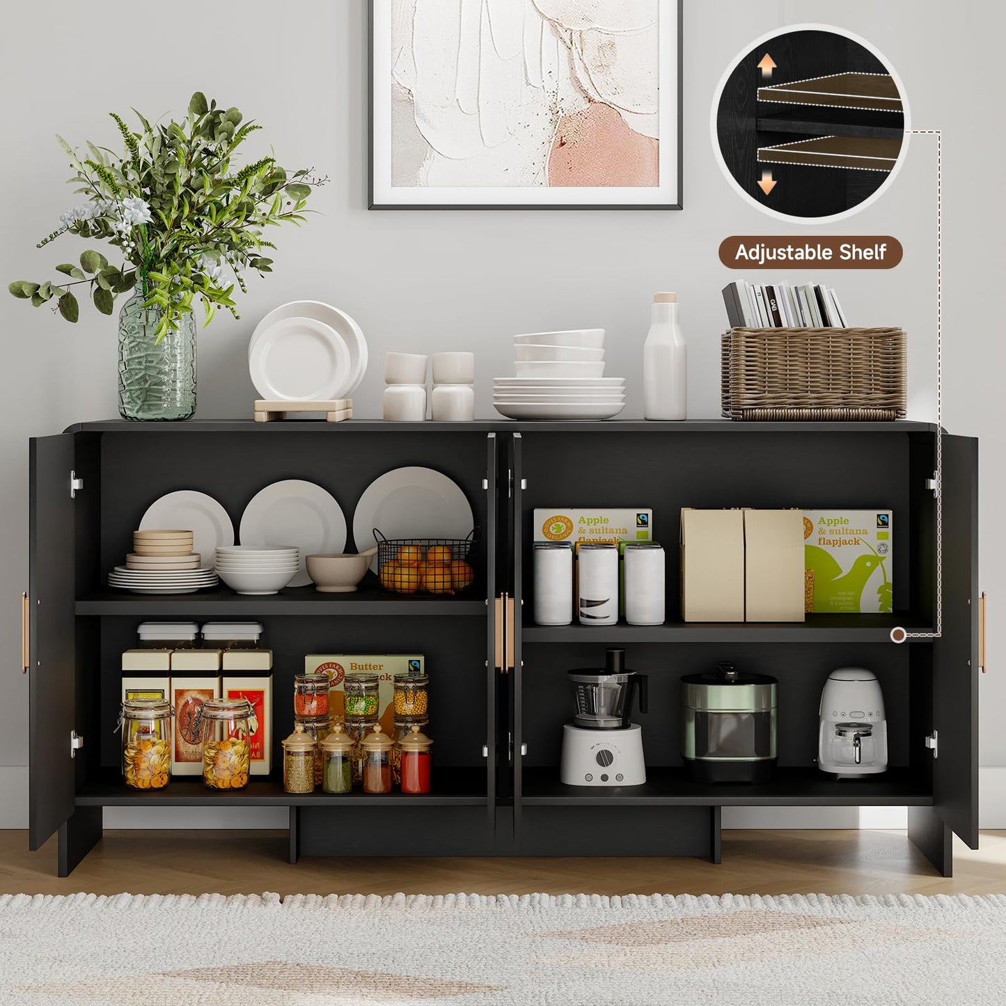 60" Curved Sideboard Buffet Cabinet with 4 Doors and Adjustable Shelves, Farmhouse Coffee Bar Storage for Living Room, Kitchen, or Hallway, Black