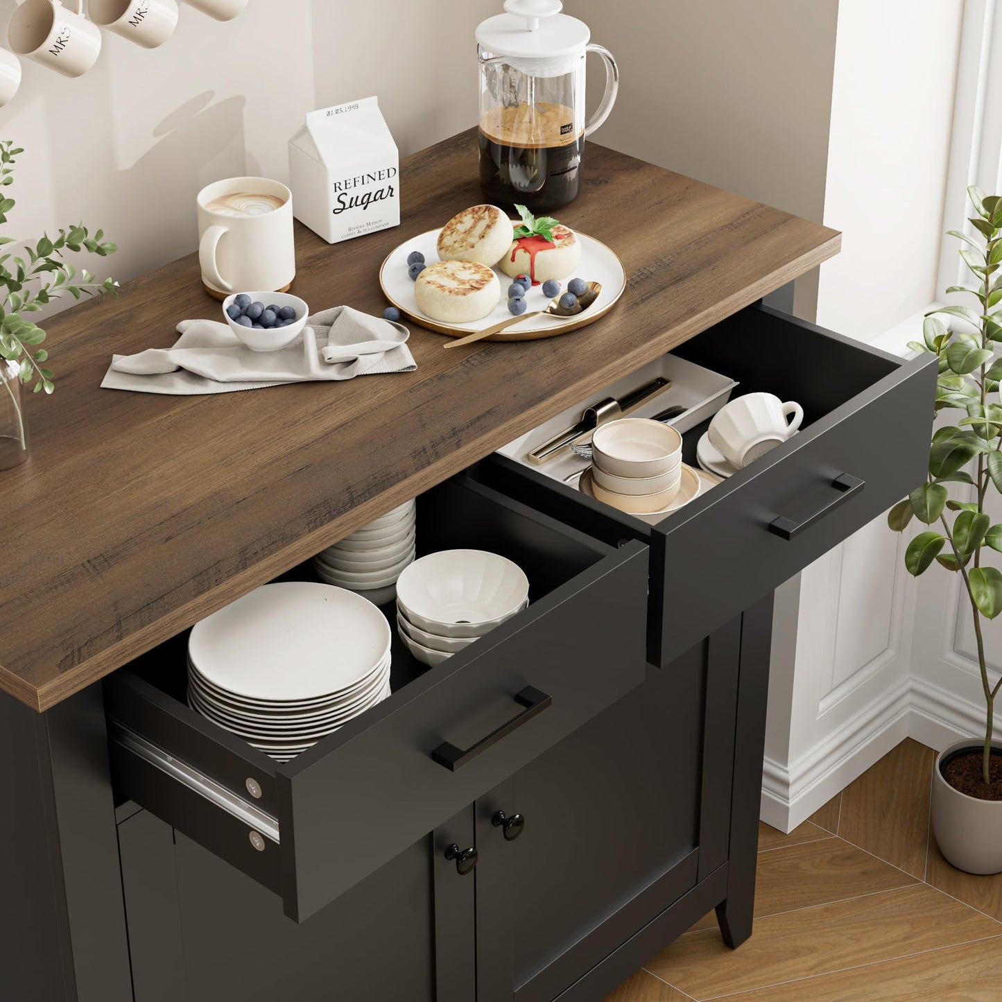 HORSTORS Modern Farmhouse Buffet Cabinet with Storage, Kitchen Sideboard Coffee Bar with 2 Drawers and 2 Doors, Floor Storage Cabinet for Living Room, Dining Room, or Bathroom, Black/Rustic Brown