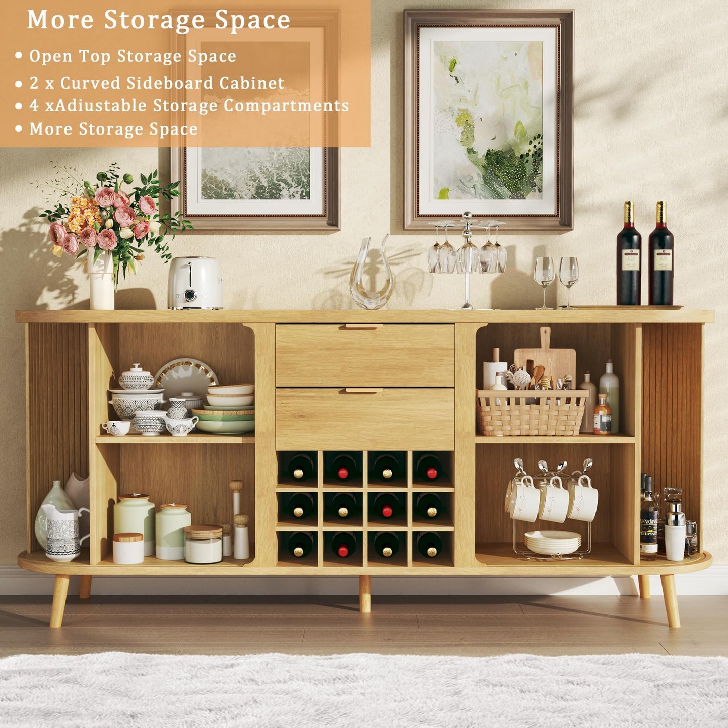 58" Fluted Buffet Cabinet with Drawers, Adjustable Shelves, and 12 Wine Racks, Mid-Century Modern Sideboard for Kitchen or Living Room, Natural Oak