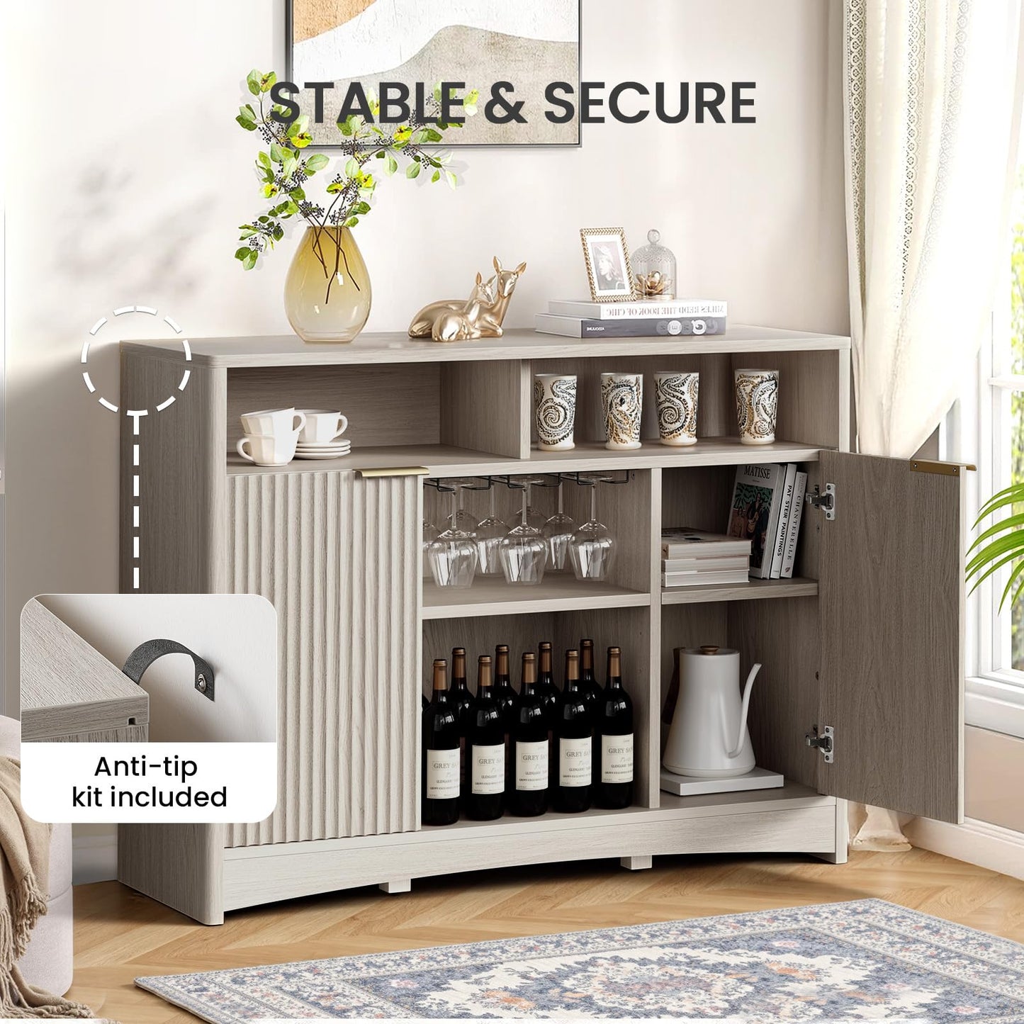 Coffee Bar Cabinet with Wine Glass Rack, 47" Buffet Sideboard with Adjustable Shelves and Soft-Close Hinges, Holds 200 lbs, Grey