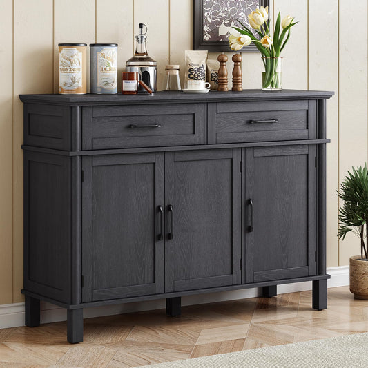 48" Farmhouse Buffet Sideboard Cabinet with 2 Drawers and 3 Doors, Wood Coffee Bar Cabinet with Adjustable Shelves for Kitchen or Living Room, Black