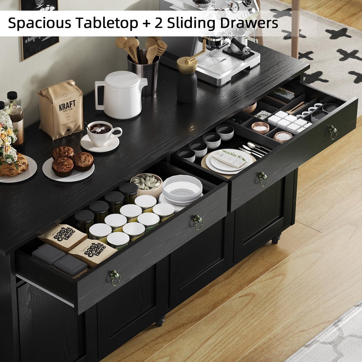 **55" Buffet Cabinet with Storage, Black Sideboard with Drawers and Doors, Coffee Bar for Dining Room**