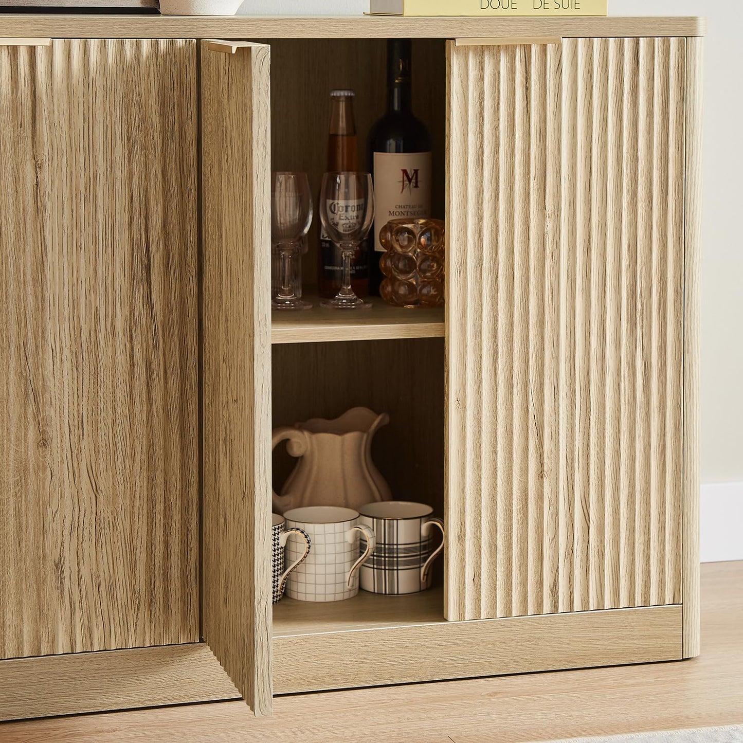 67" Fluted Oak Buffet Cabinet Sideboard with 6 Doors, Large Wood Mid-Century Modern Credenza Storage for Kitchen and Living Room