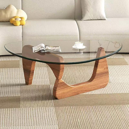 Modern Glass Coffee Table for Living Room, Small Mid-Century Coffee Table with Walnut Base and Transparent Glass Top, Stylish Center Table for Bedroom, Reception, or Office – Medium Size