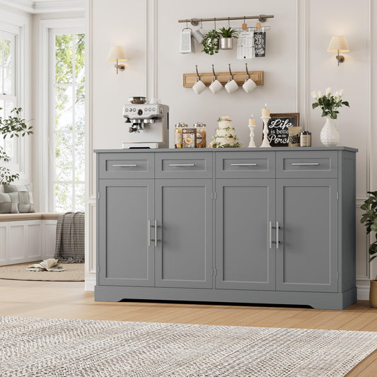 60" Large Buffet Sideboard with 4 Drawers and Storage, 36" Tall Modern Kitchen Cabinet with Gold Handles, Grey