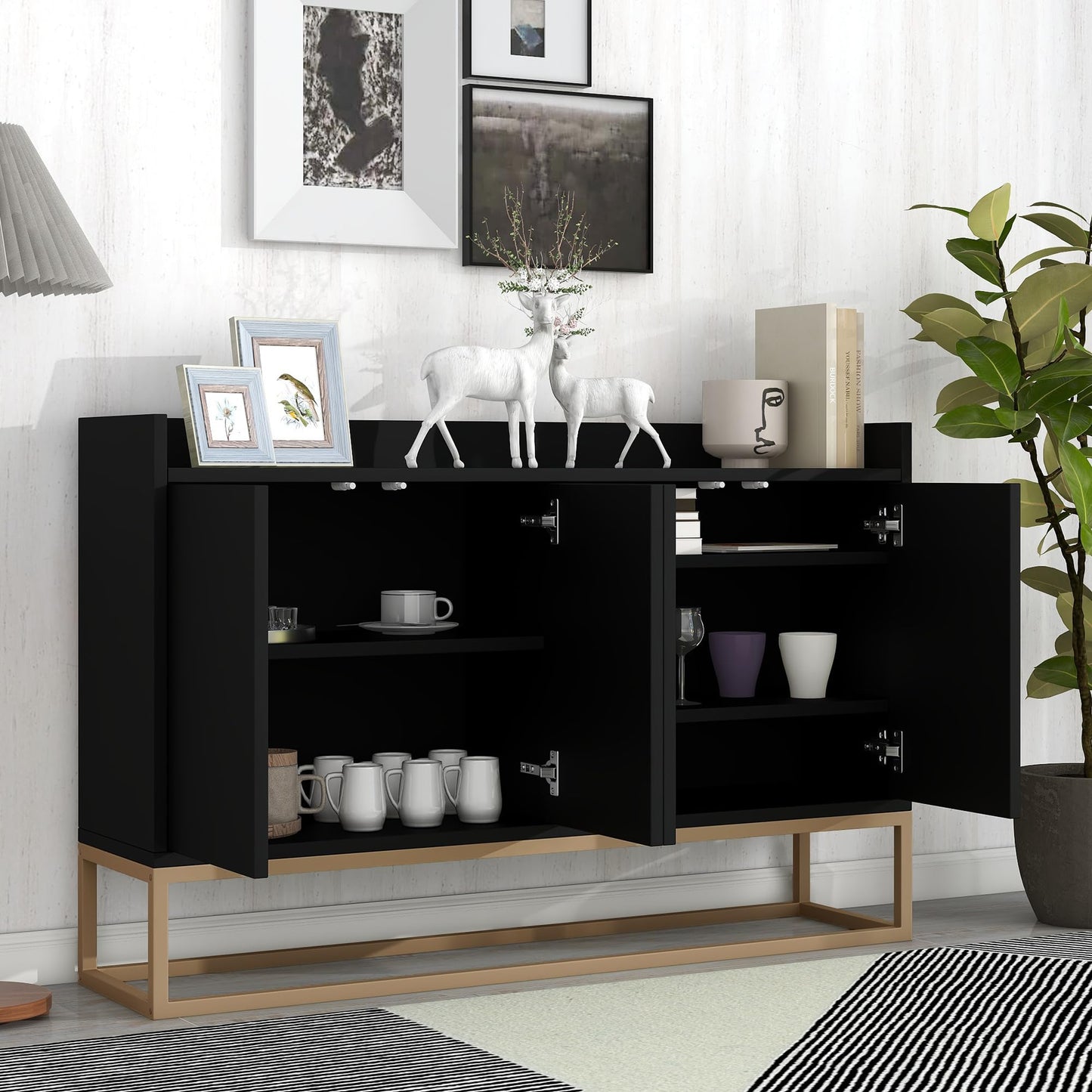 Modern Wood Sideboard Buffet Cabinet with Doors, Adjustable Shelves, and Metal Base, Kitchen Storage for Small Spaces, Black
