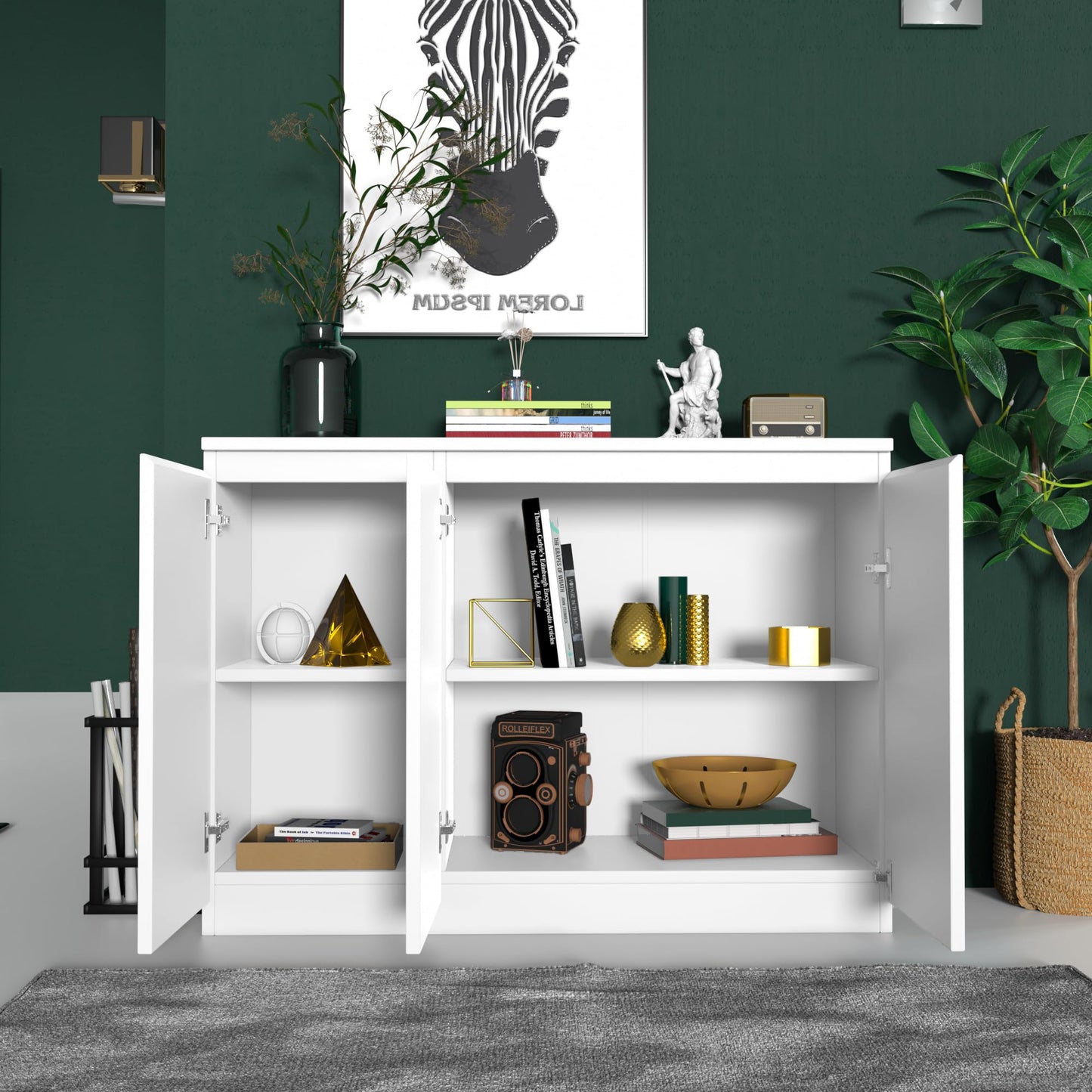 43" White Buffet Storage Cabinet with 3 Doors, Coffee Bar Sideboard for Kitchen or Living Room, 43.3" W x 31.5" H