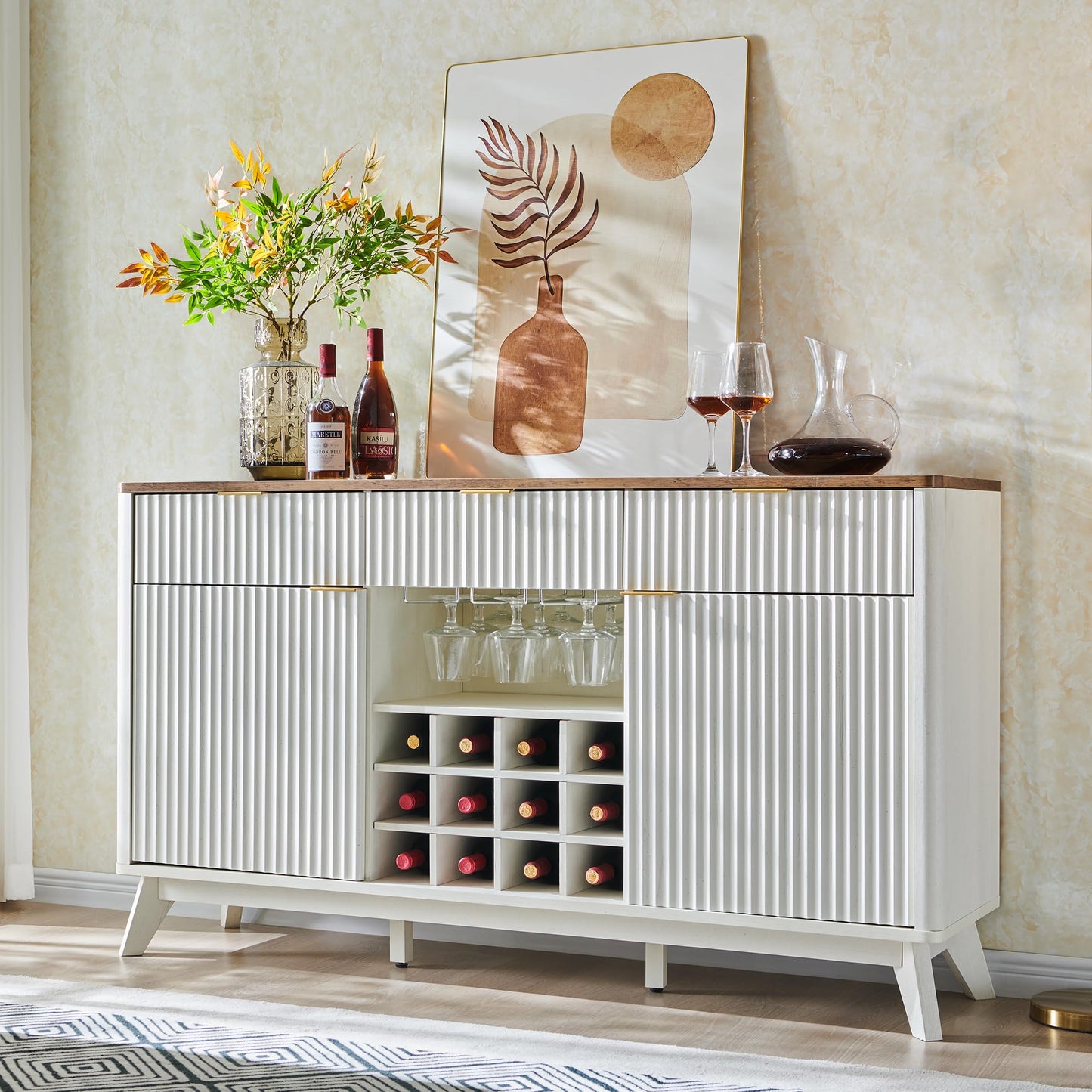 60" Fluted Buffet Cabinet with 3 Drawers and 2 Doors, Modern Wine and Coffee Bar Sideboard with Wine and Glass Racks, Adjustable Shelves for Kitchen or Dining, Antique White