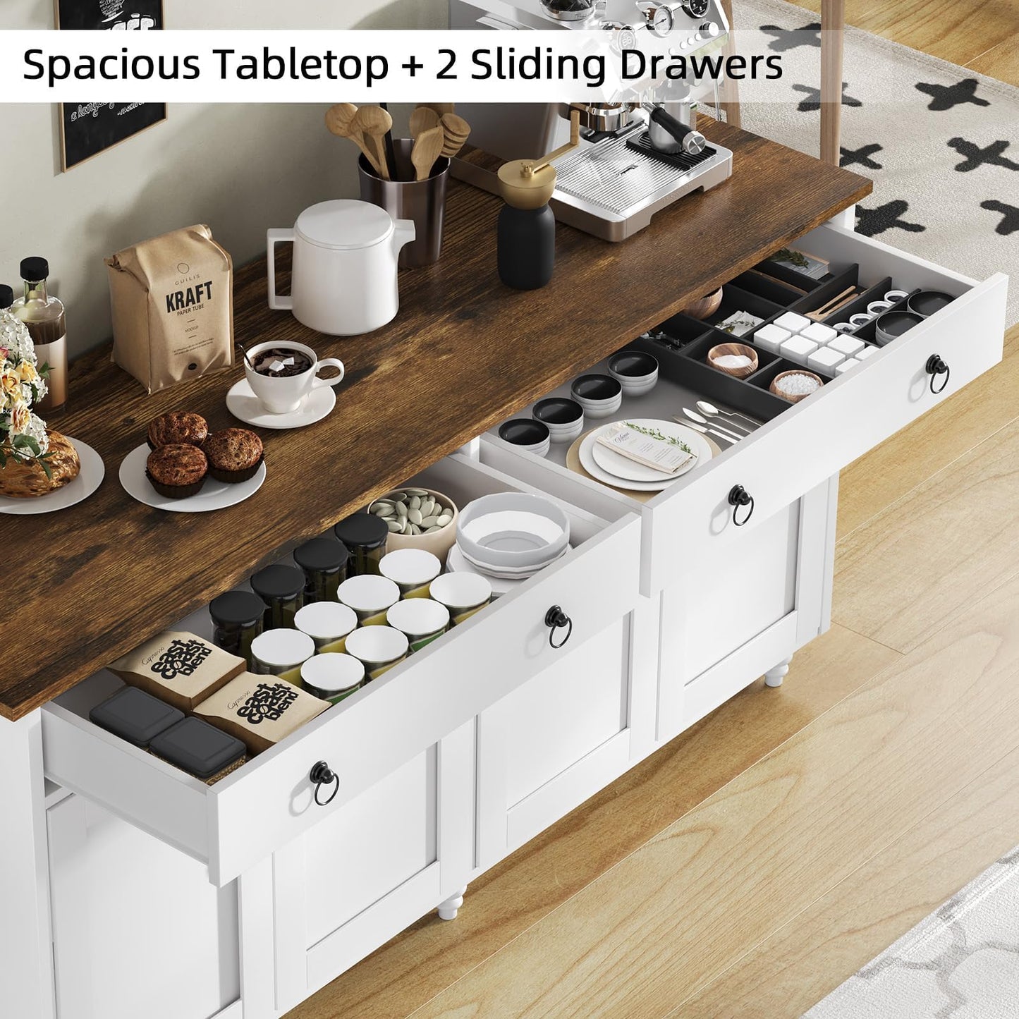 **55" Buffet Cabinet with Storage, Sideboard with 2 Drawers and 4 Doors, Modern Farmhouse Coffee Bar Cabinet, Wood Buffet Table for Kitchen or Dining Room, White**