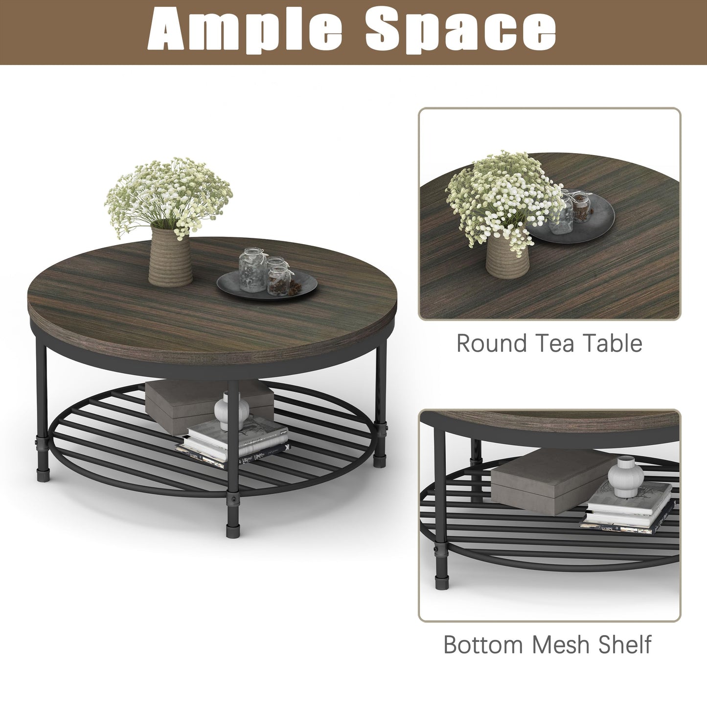 NSdirect 36" Round Coffee Table with Storage Shelf – Dark Grey Brown Vintage Wood Top & Sturdy Metal Legs, 18.5" Height Modern Center Table for Living Room or Small Spaces