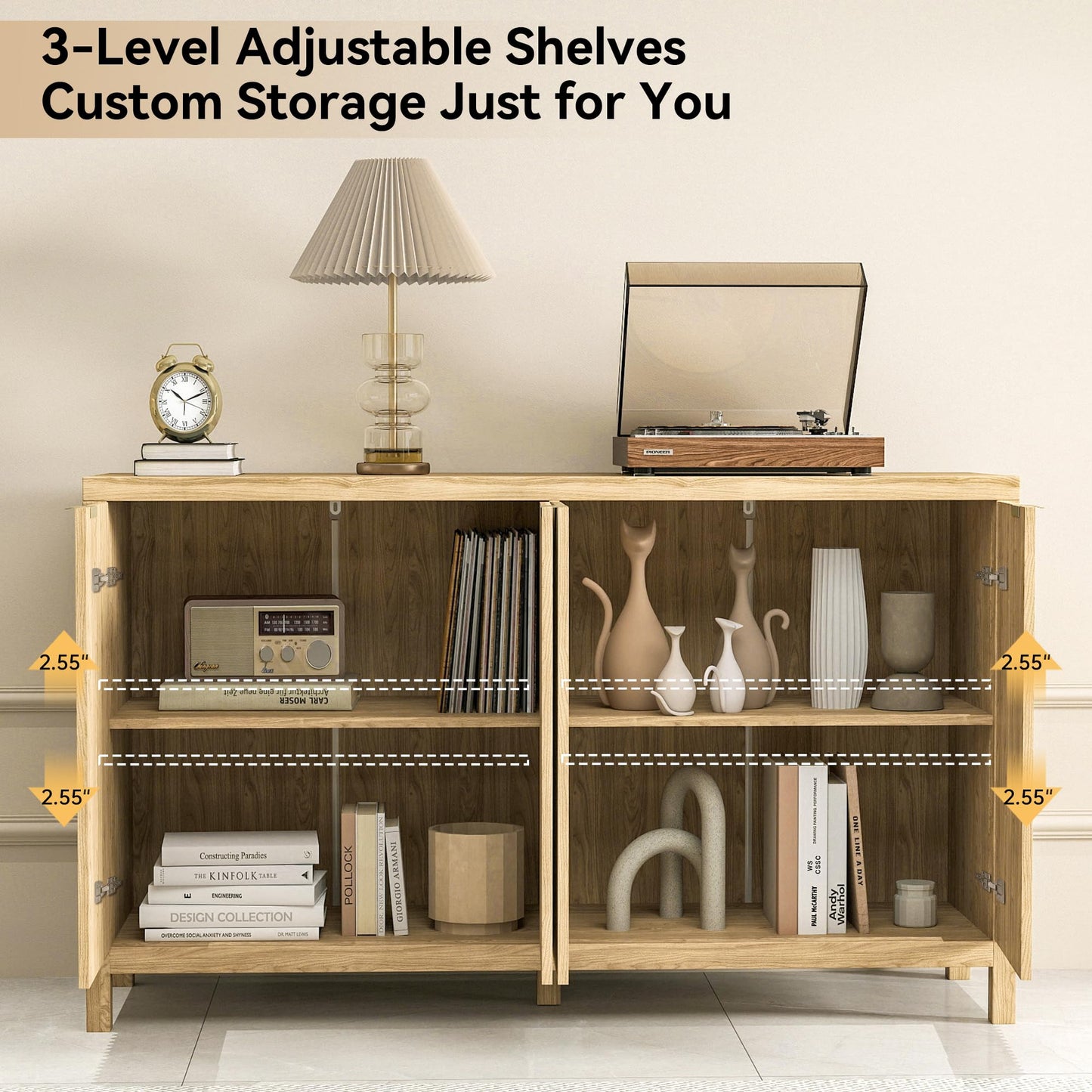 Fluted Sideboard Buffet Cabinet with 4 Doors and Adjustable Shelves, Modern Credenza Coffee Bar Table, Natural Oak