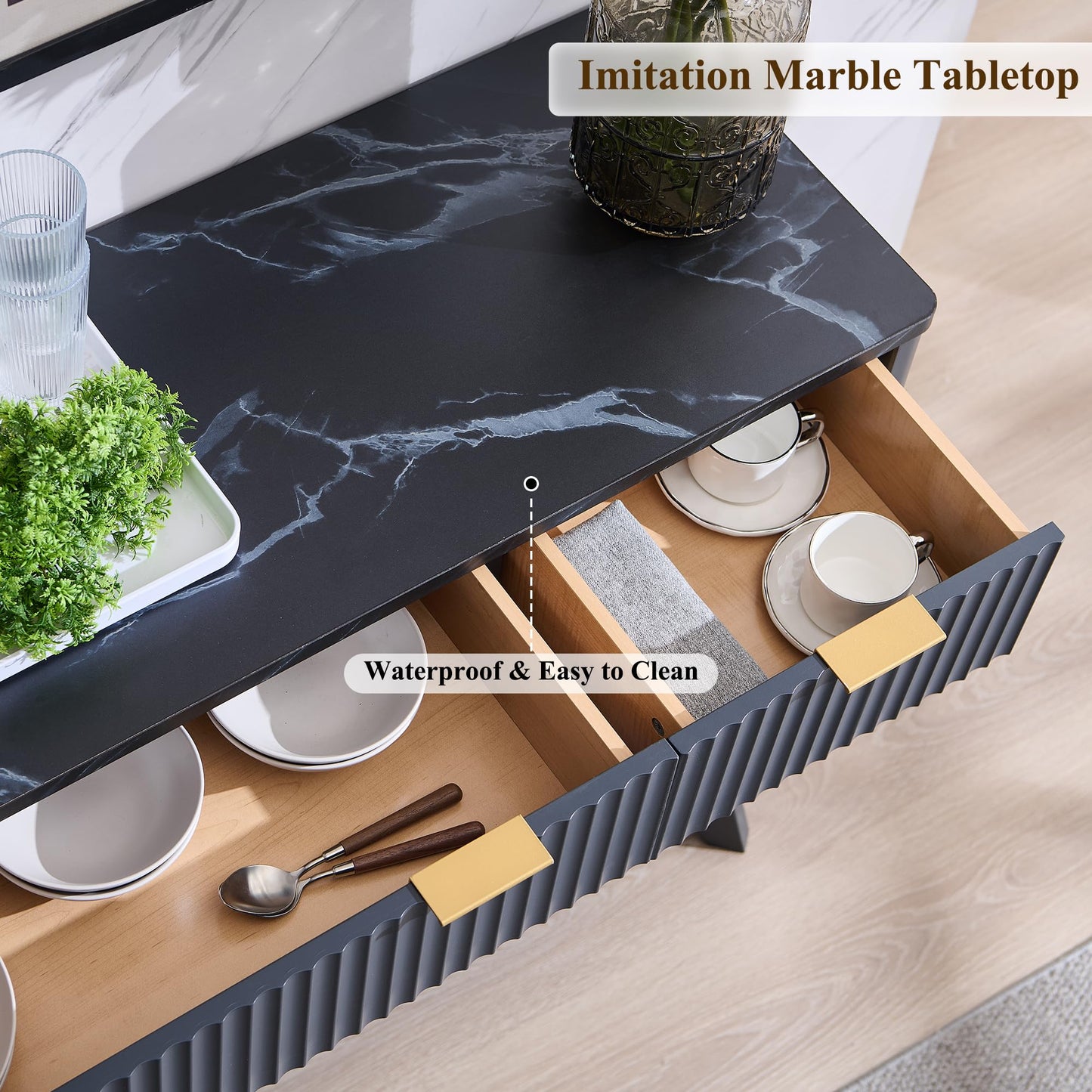 **T4TREAM 60" Fluted Modern Buffet Sideboard Cabinet with Storage, Large Buffet Table with 3 Drawers & 4 Doors for Dining Room, Living Room, or Hallway, Dark Grey**