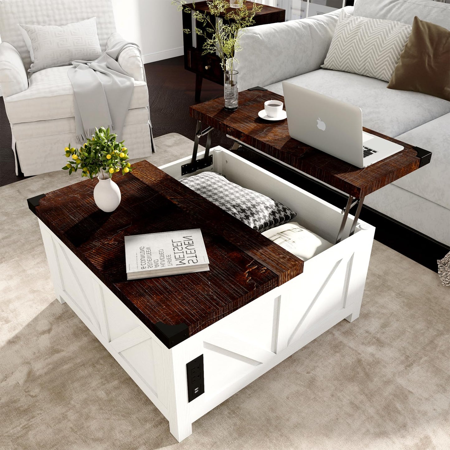 Farmhouse Lift Top Coffee Table with Storage and Charging Station – White Wood Square Center Table with USB Ports, Hidden Compartment, and Large Storage Space for Living Room, Bedroom, or Home Office