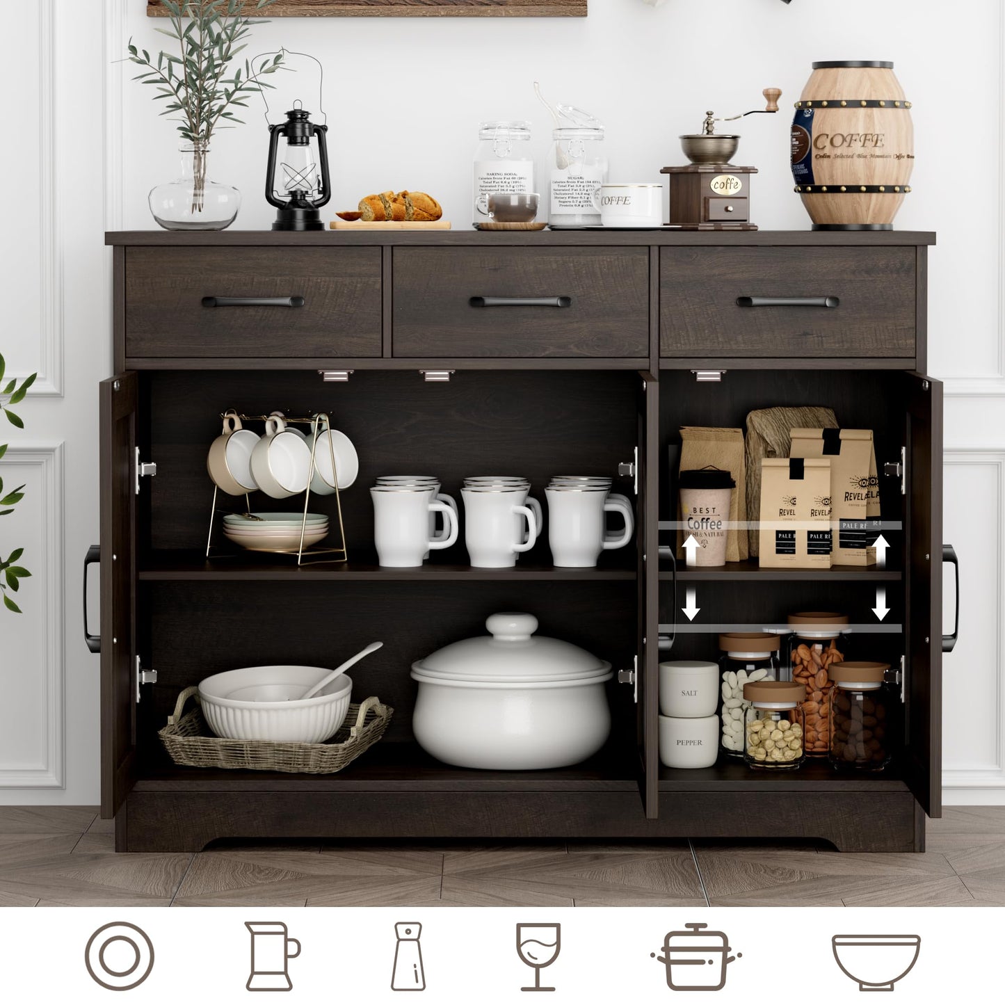 **HOSTACK Modern Farmhouse Buffet Sideboard Cabinet with Barn Doors, Drawers, and Shelves, Wood Coffee Bar Storage Cabinet for Dining Room, Kitchen, or Living Room, Dark Brown**