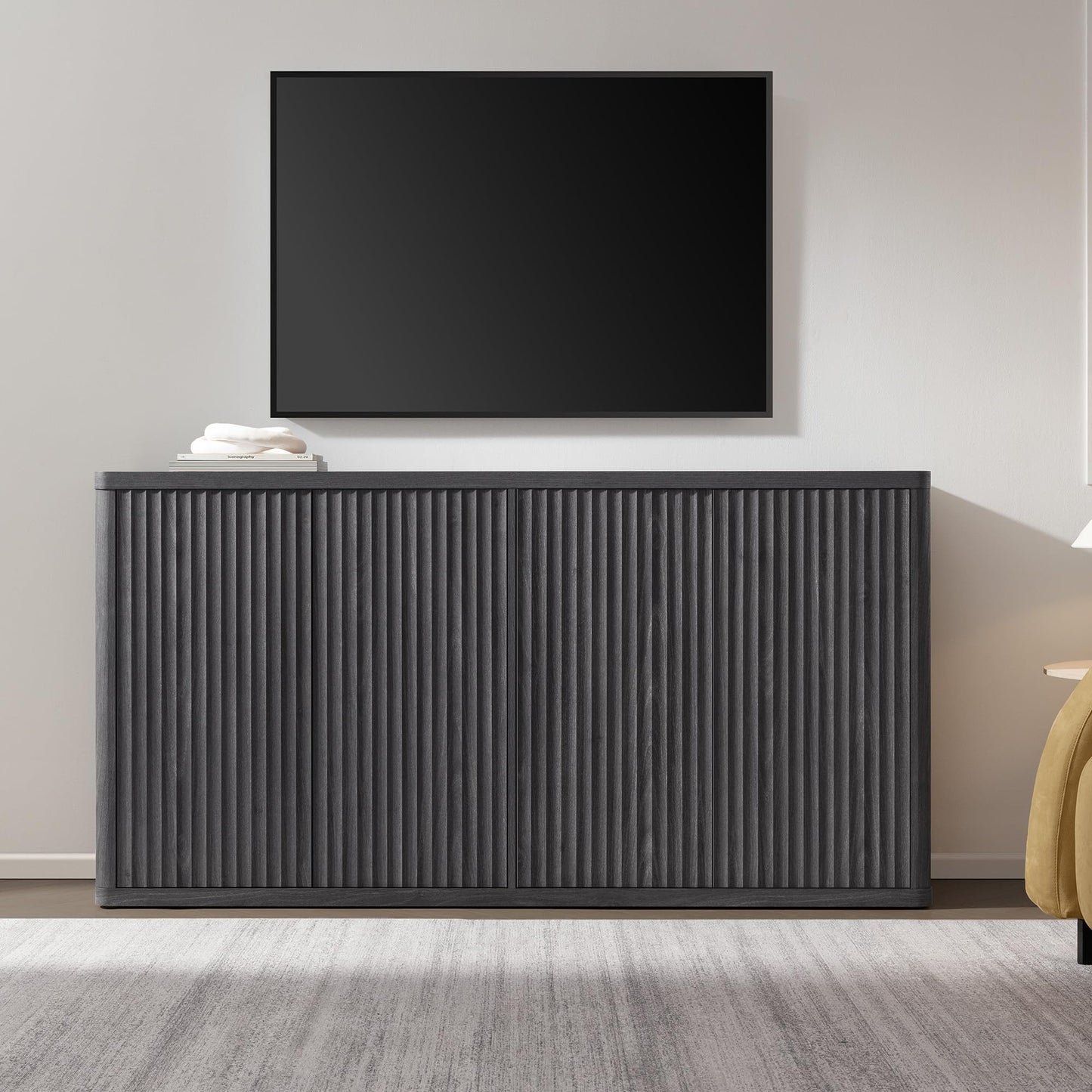 SICOTAS 66.3" Modern Fluted Buffet Cabinet with Storage, Accent Sideboard with 4 Doors, Wide Credenza Buffet Table Media Console Cabinet for Entryway, Living Room, Kitchen, Dining Room, or Hallway