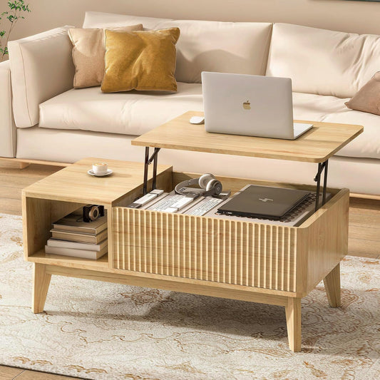 LYNCOHOME Fluted Lift Top Coffee Table with Hidden Compartment – Modern Center Table for Living Room or Home Office, Natural Finish
