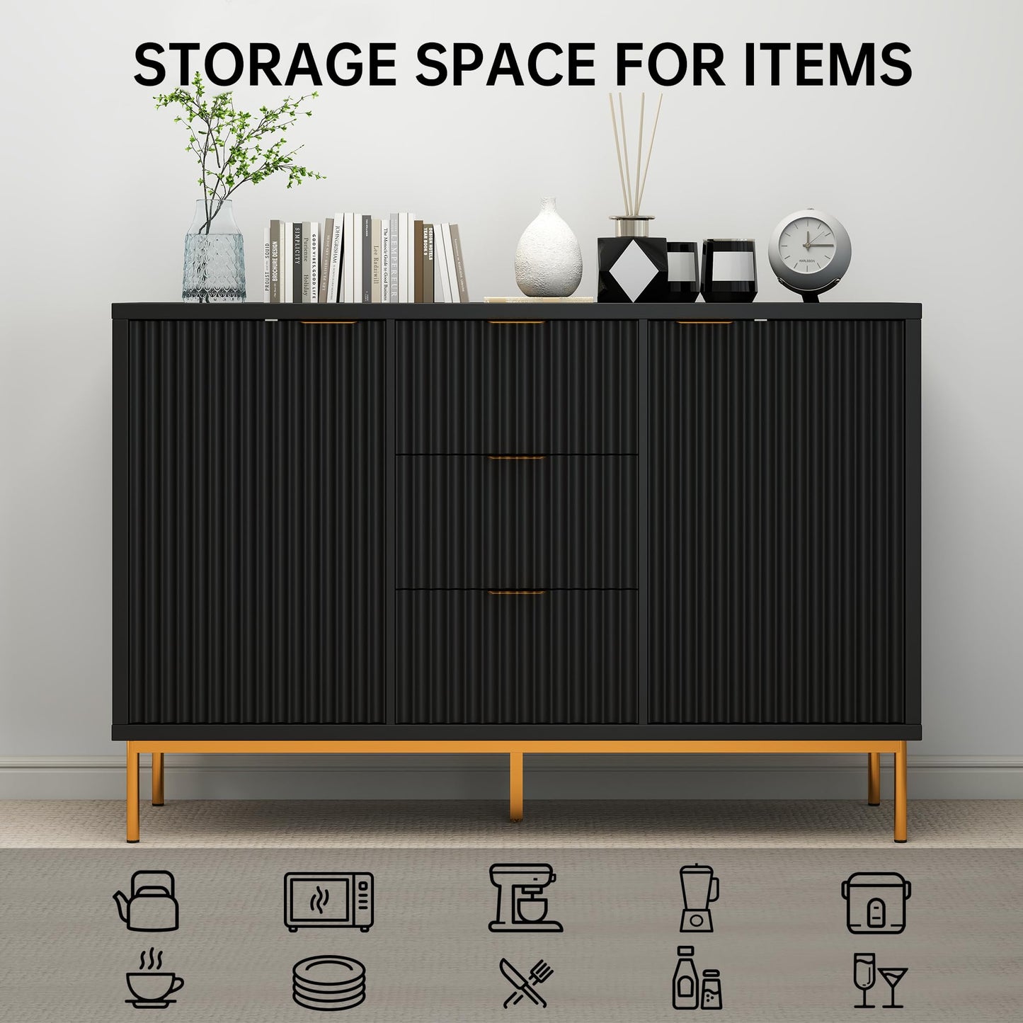 Fluted Buffet Cabinet with 2 Doors, 3 Drawers and Adjustable Shelf, 47" Modern Sideboard Credenza Coffee Bar Table, Black