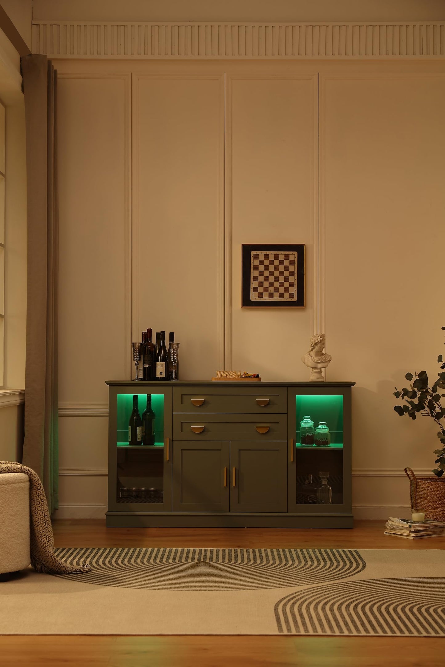 **58.27'' Buffet Cabinet with 2 Drawers and Adjustable Shelves, Large Glass Door Coffee Bar Cabinet, Modern Farmhouse Sideboard Credenza for Kitchen, Dining Room, Green**