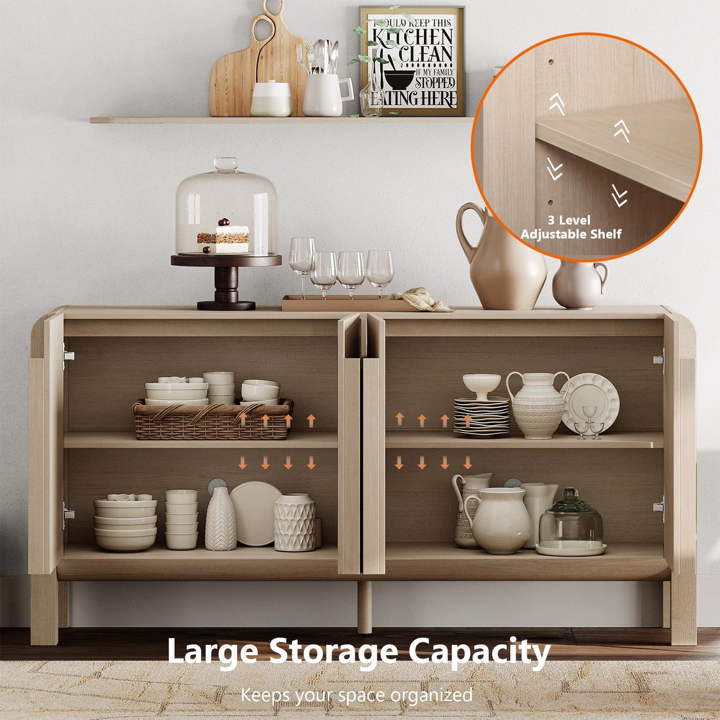 63" Large Curved Buffet Sideboard Cabinet with 4 Doors, Modern Coffee Bar and Wine Bar Storage for Dining Room, Living Room, or Kitchen, Light Oak