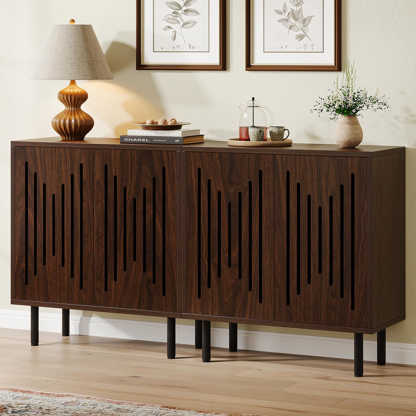 Tribesigns Set of 2 Buffet Sideboard Cabinets with Storage, 59" Long Sideboards with Adjustable Shelves, Modern Accent Storage Cabinets for Living Room, Dark Brown