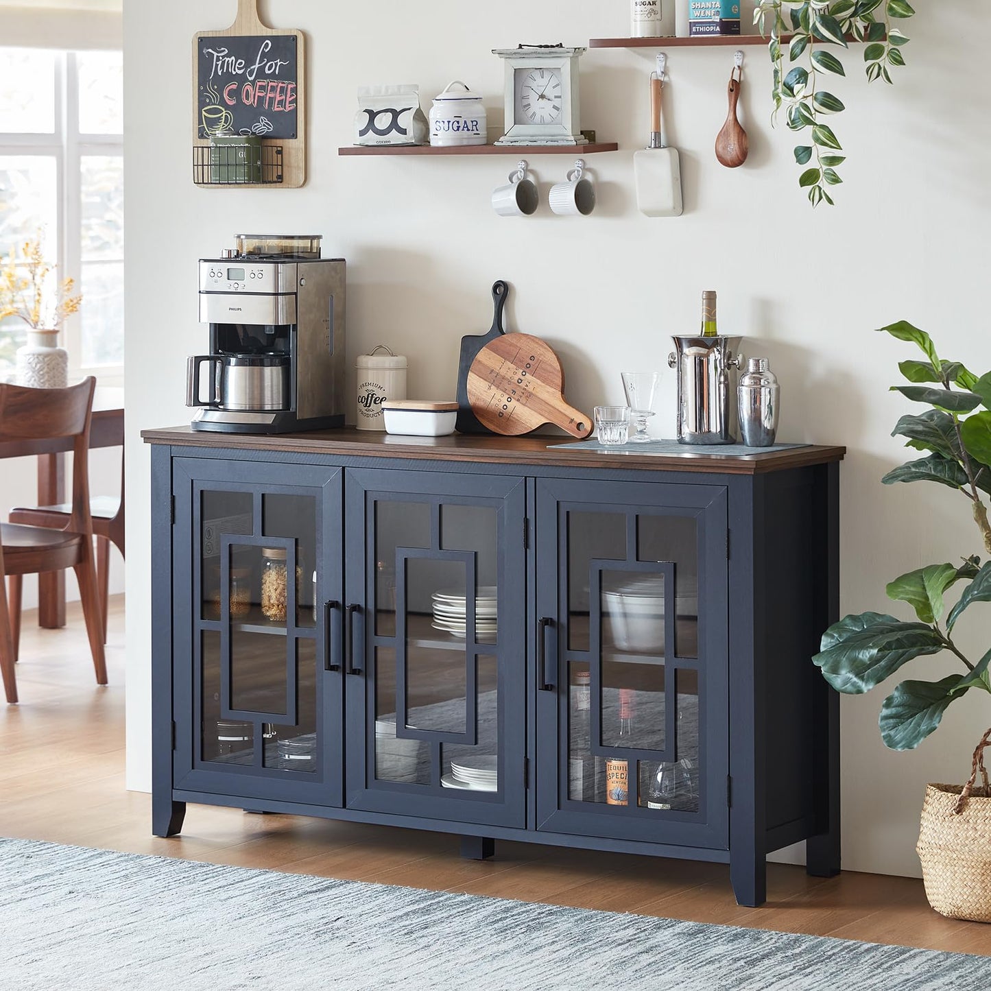 **55" Large Farmhouse Sideboard Buffet Cabinet with Storage, Wood Coffee & Wine Bar Cabinet with 3 Glass Doors, Mid-Century Modern Sideboard for Dining Room or Living Room, Navy Blue**