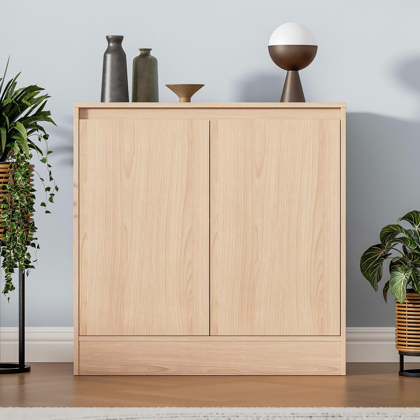 Set of 2 Oak Buffet Cabinets with 4 Doors and Adjustable Shelf, Modern Kitchen Sideboard Coffee Bar for Living Room or Kitchen