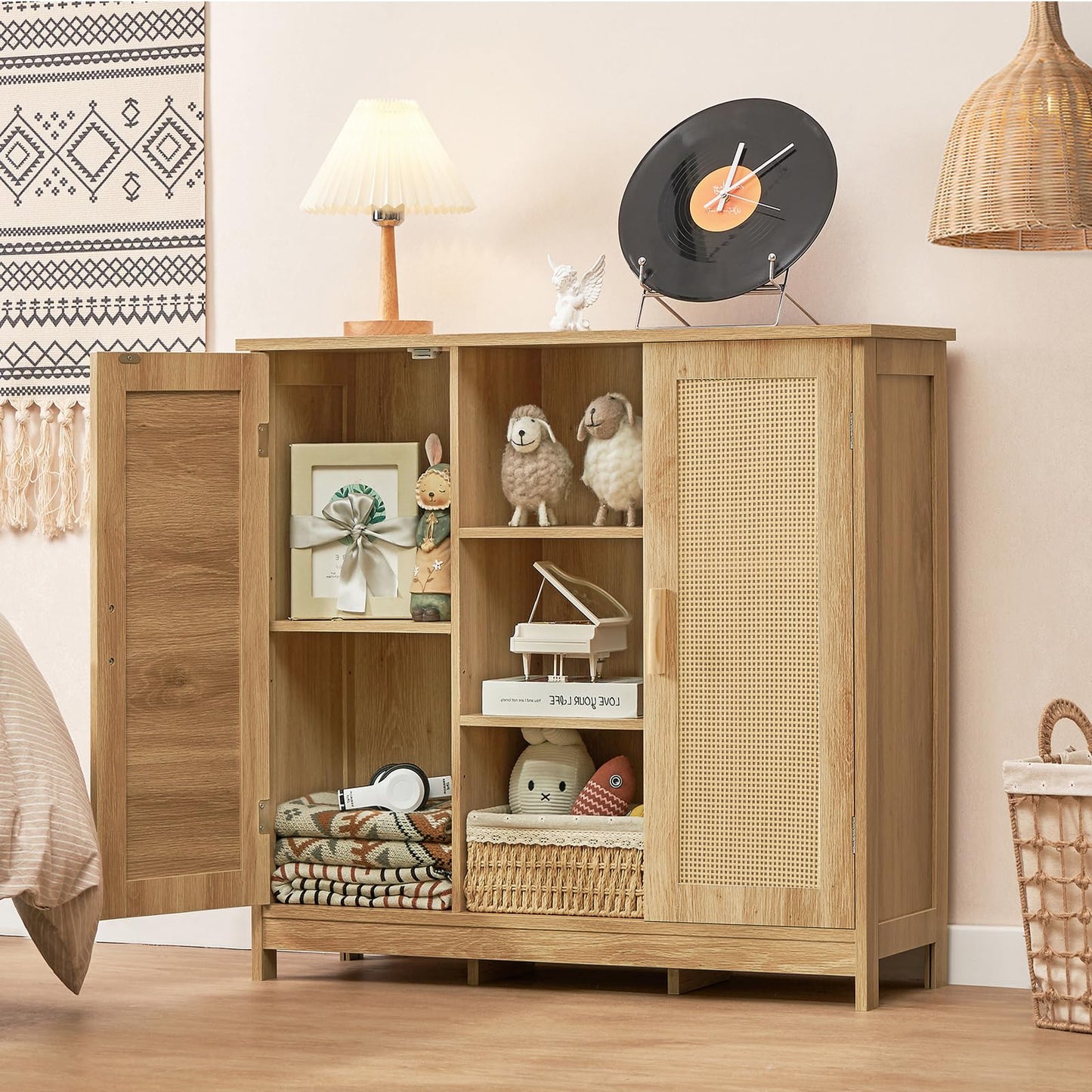 Rattan Storage Cabinet with 4 Adjustable Shelves, Coffee Bar Sideboard Buffet for Kitchen, Living Room, or Entryway, Natural