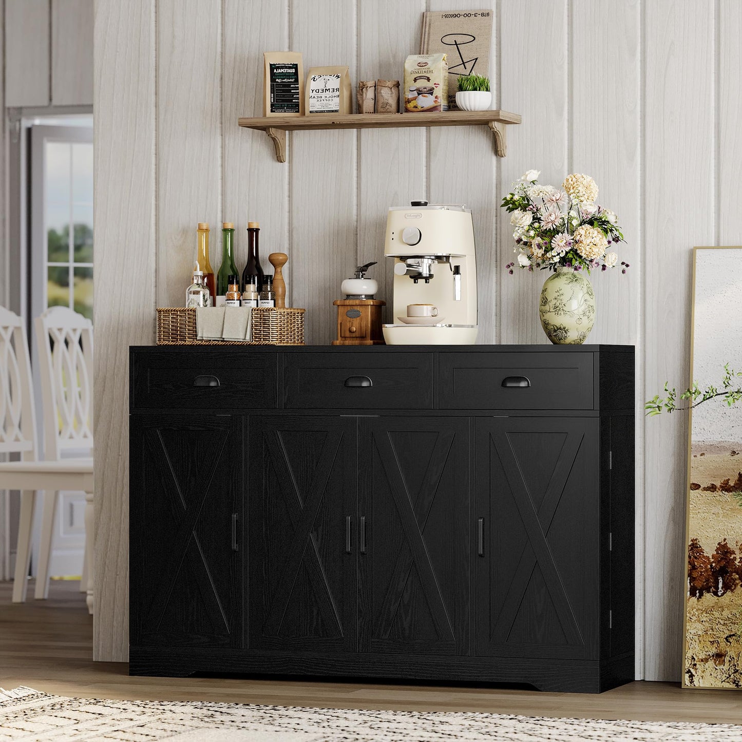Buffet Cabinet with 4 Doors, 3 Drawers, and 6 Adjustable Shelves, Modern Sideboard Coffee Bar Storage for Kitchen or Dining Room, Black
