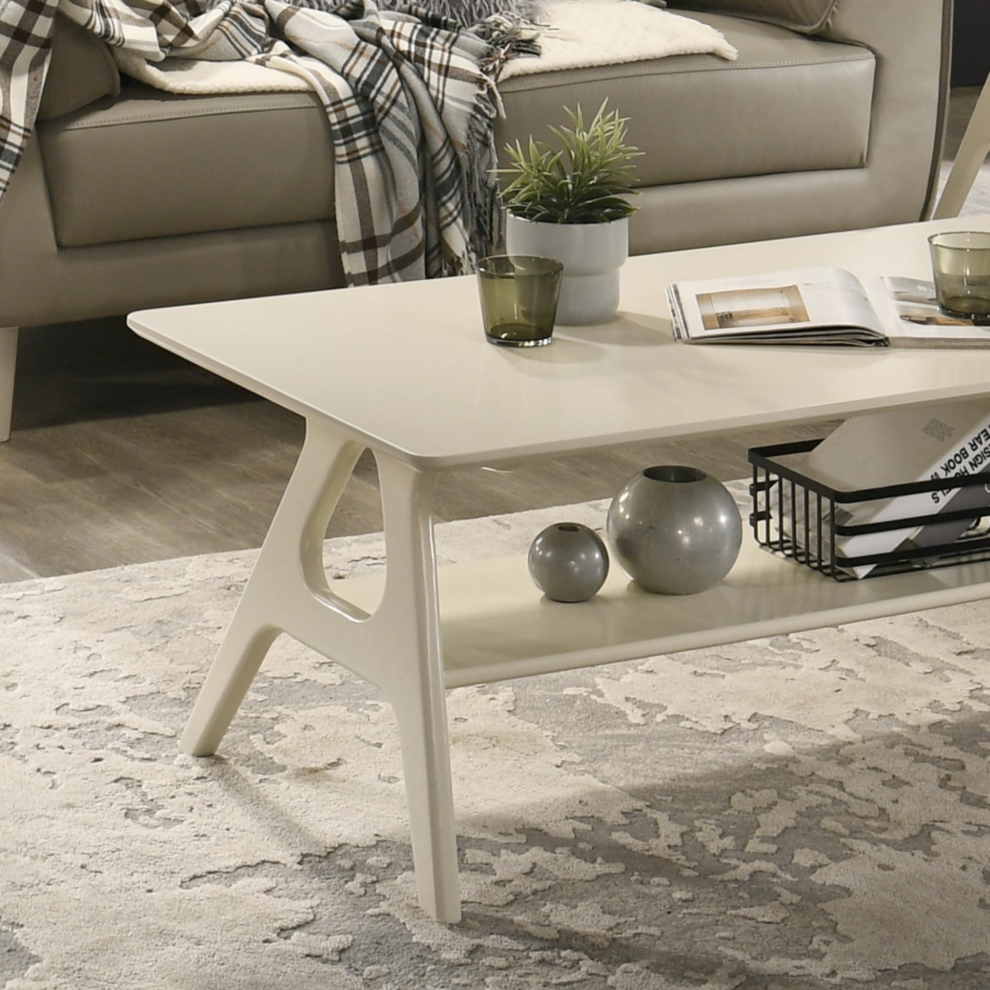 Roundhill Furniture Arona Mid-Century Modern Wood Coffee Table with Shelf – Off-White Finish