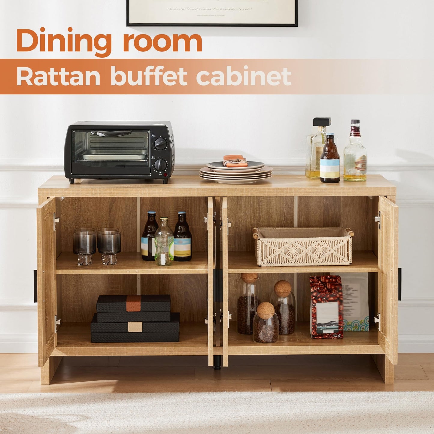 **Rattan Buffet Cabinet with Storage, Sideboard with Doors and Adjustable Shelves, Farmhouse Coffee Bar Station, Modern Wood Cupboard for Kitchen, Living Room, or Dining Room**