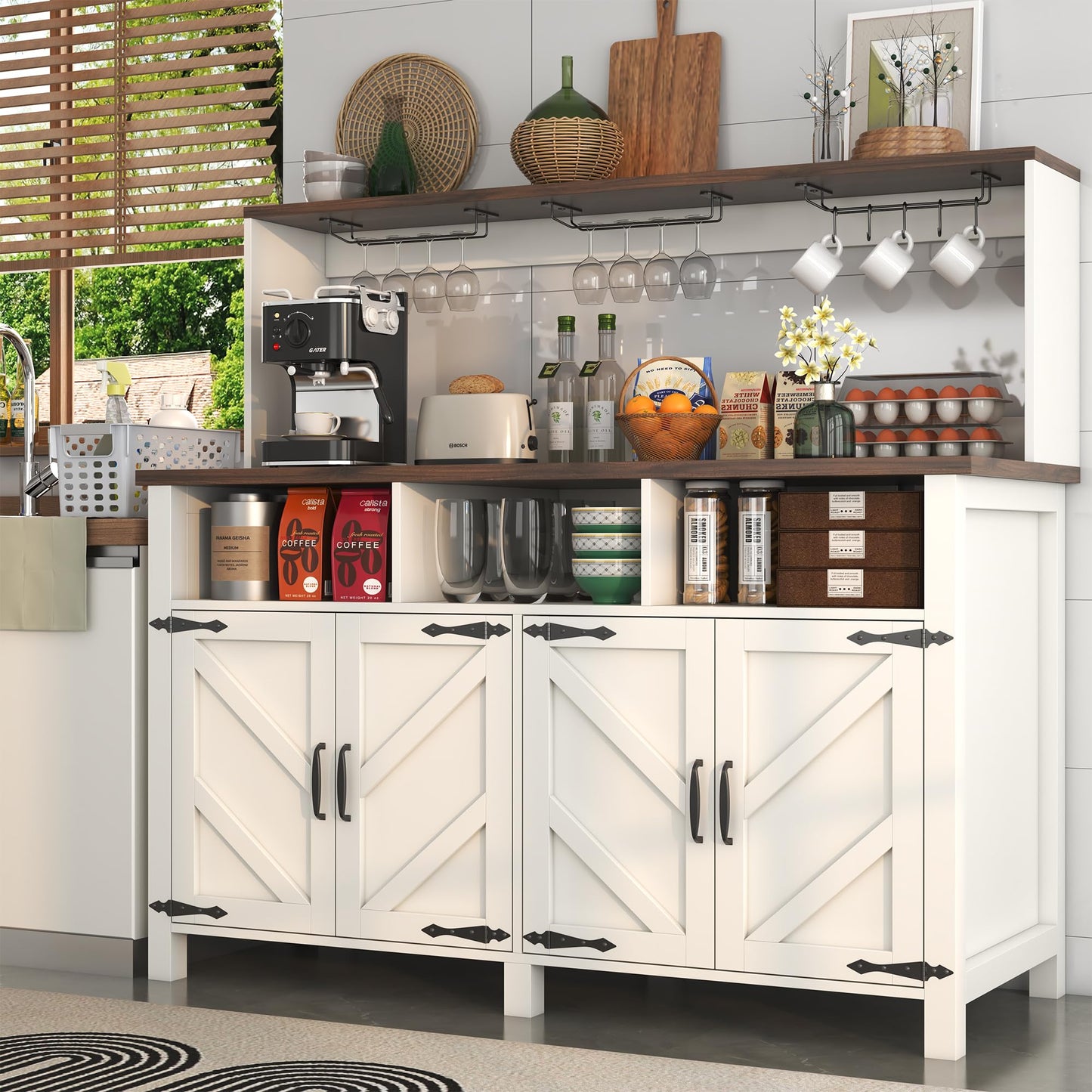 **Buffet Sideboard with Storage Hutch, 4-Door Farmhouse Kitchen Cabinet with Power Outlets, Wood Coffee Bar Cabinet with Goblet Holder and Cup Hooks for Kitchen, Dining Room, or Entryway**