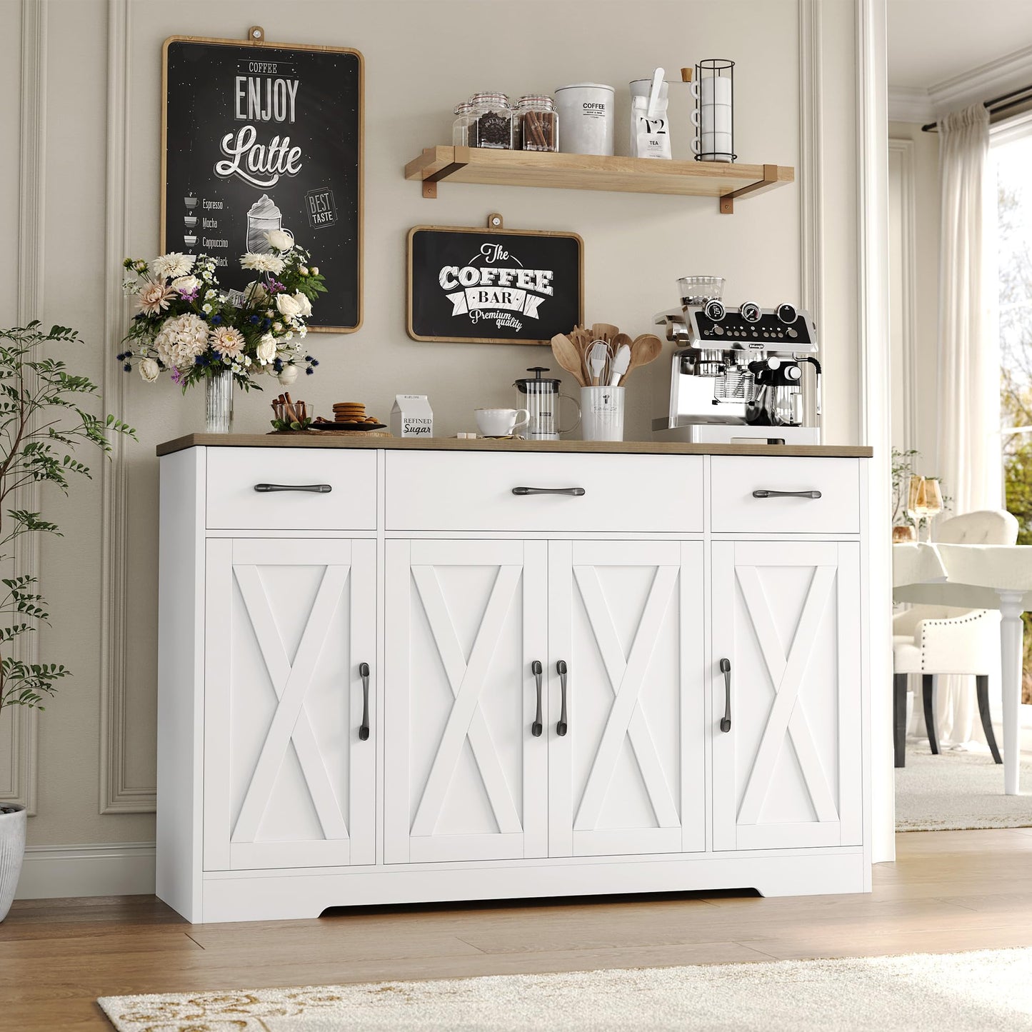 55" Large Buffet Sideboard Cabinet with Drawers, Shelves, and Doors, Modern Farmhouse Coffee Bar Station for Kitchen or Dining Room, White/Rustic