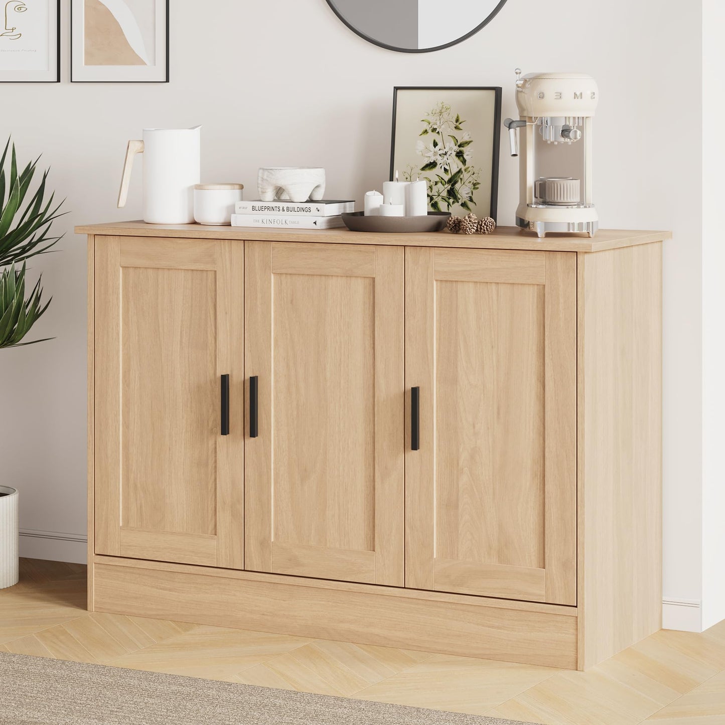 43" Oak Buffet Cabinet with 3 Doors and Adjustable Shelf, Modern Coffee Bar Sideboard for Kitchen or Living Room