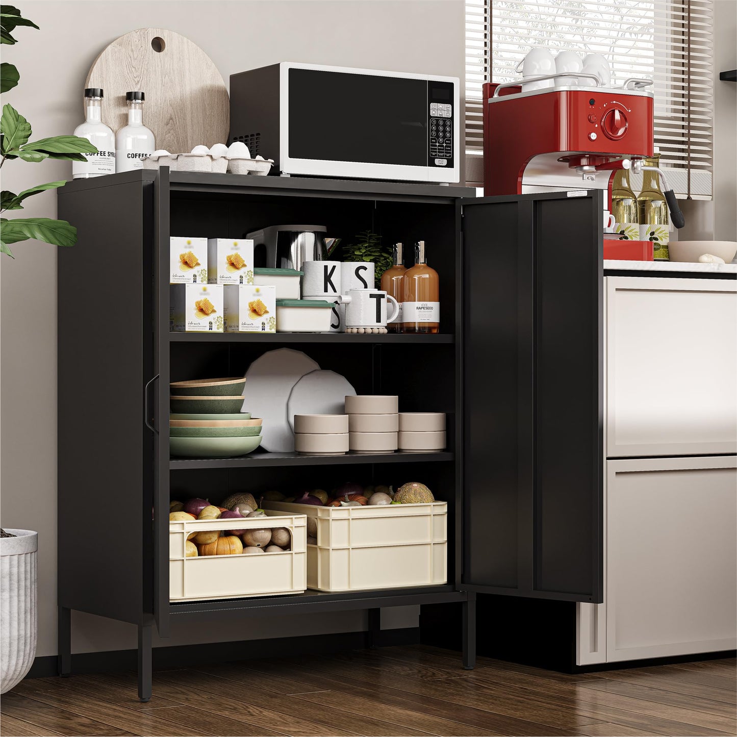 Metal Locker Storage Cabinet with 2 Doors and 4 Shelves, 39.96" Steel Floor Cabinet for Office, Home, Garage, Gym, or School, Black