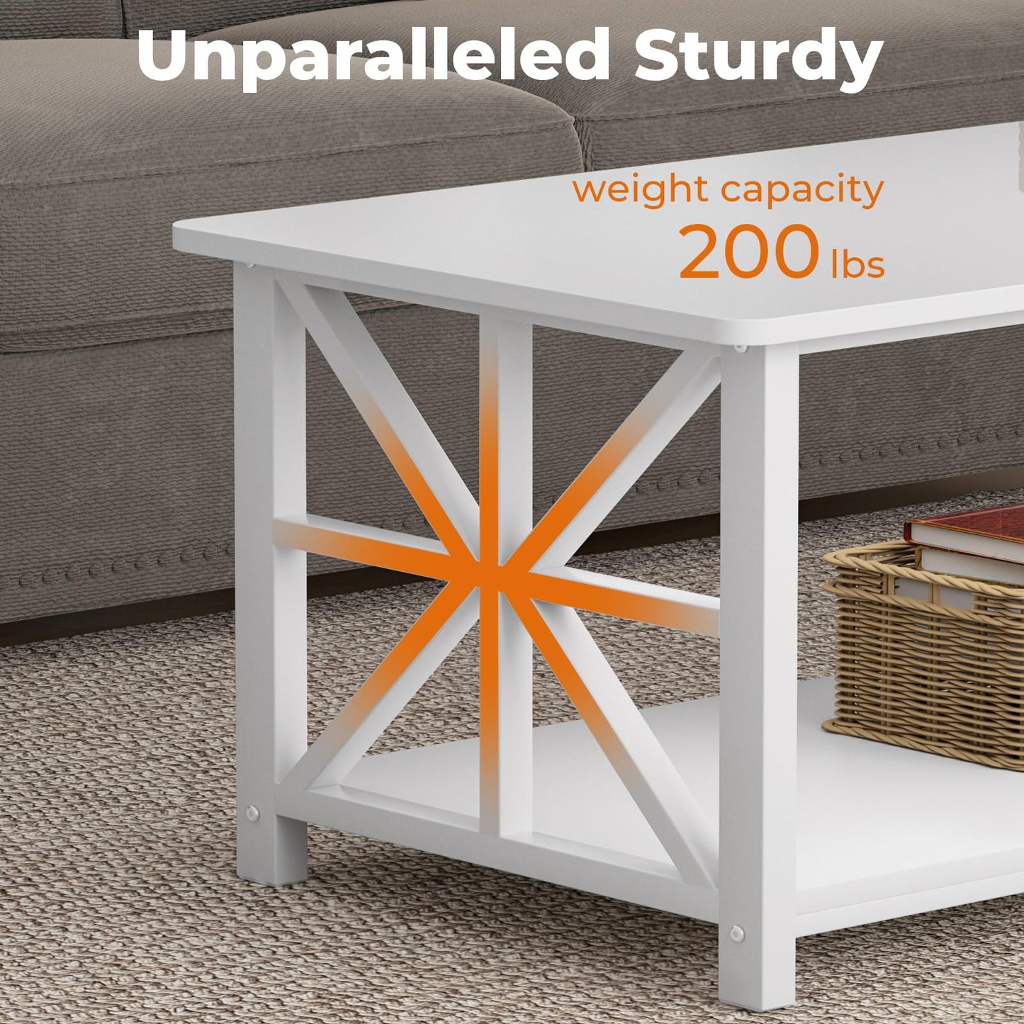 GreenForest 39" Coffee Table for Living Room with Round Corners, Farmhouse Style Center Table with 2-Tier Storage Shelf, Space-Saving & Easy Assembly, Full White