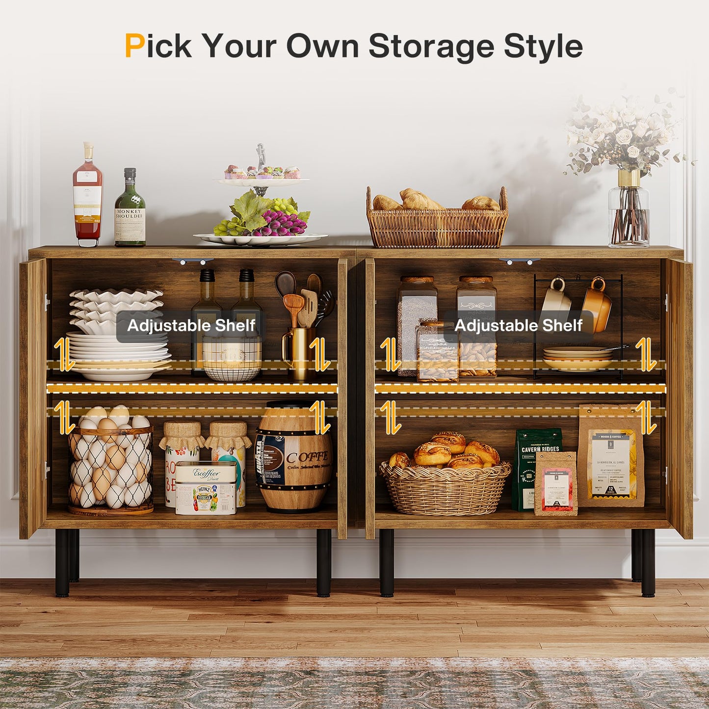 Tribesigns Set of 2 Buffet Sideboard Cabinets with Storage, 59" Long Sideboards with Adjustable Shelves, Modern Accent Storage Cabinets for Living Room, Rustic Brown