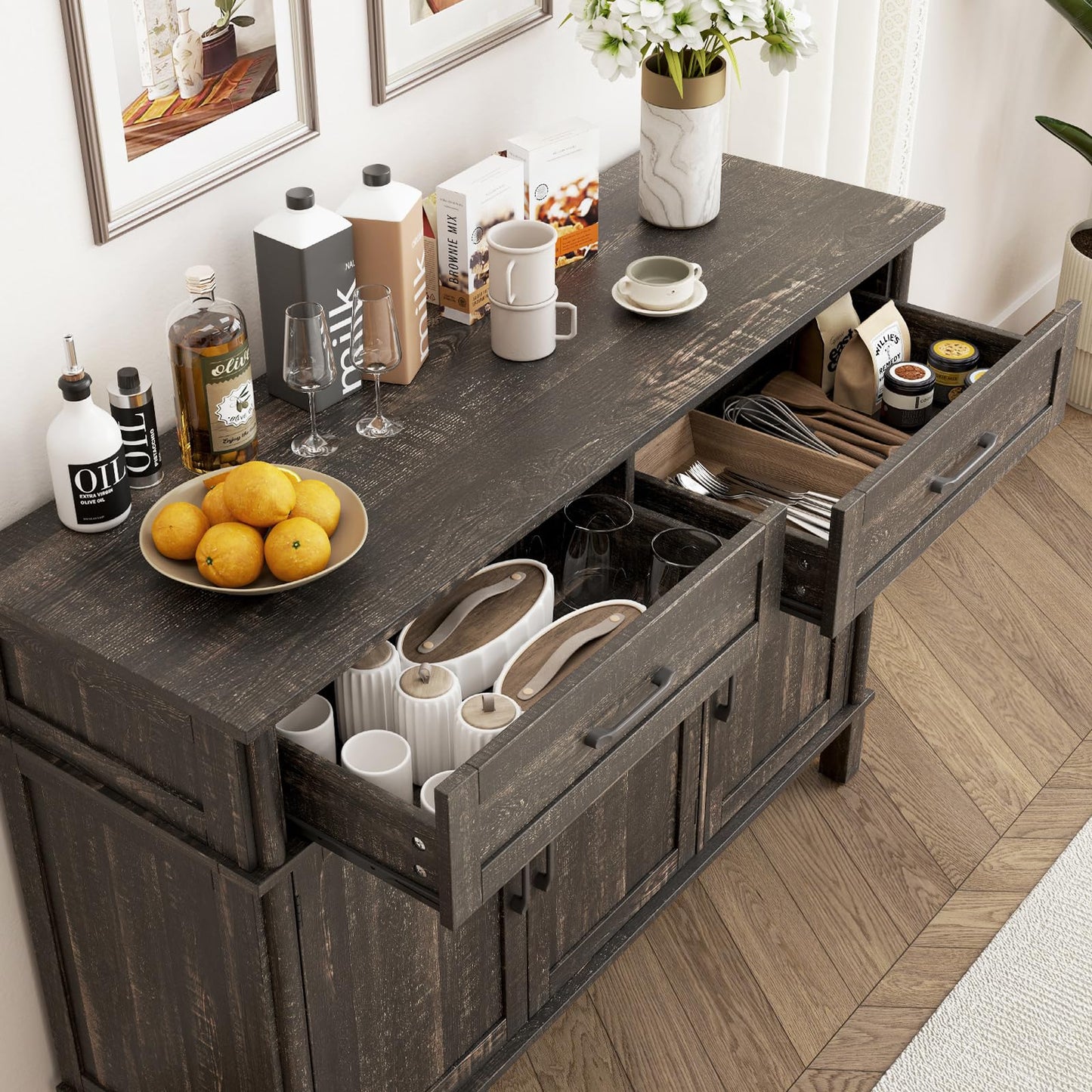 48" Farmhouse Buffet Sideboard Cabinet with 2 Drawers and 3 Doors, Wood Coffee Bar Cabinet with Adjustable Shelves for Kitchen or Living Room, Rustic Brown