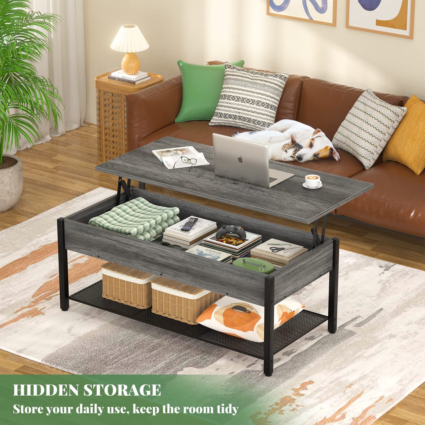 Lift Top Coffee Table with Storage Shelf and Hidden Compartment, Modern Wood and Metal Table for Living Room, Black Oak