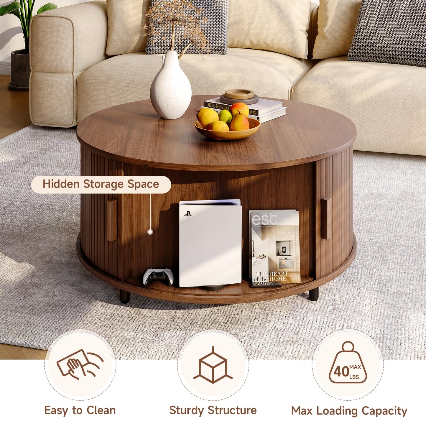 Round Coffee Table with Storage, 31.5" Modern Fluted Wood Table with 360° Sliding Door and Adjustable Footpads, Walnut
