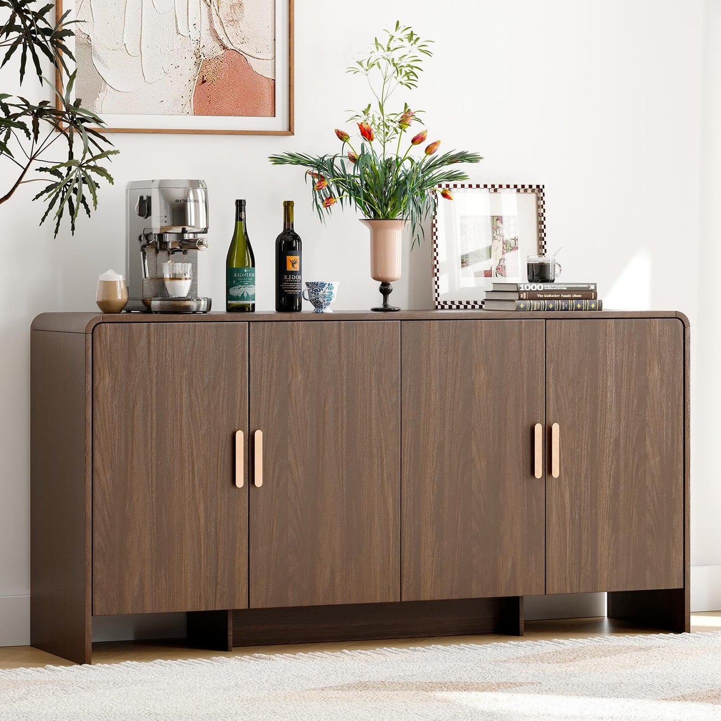 60" Curved Sideboard Buffet Cabinet with 4 Doors and Adjustable Shelves, Farmhouse Coffee Bar Storage for Living Room, Kitchen, or Hallway, Walnut